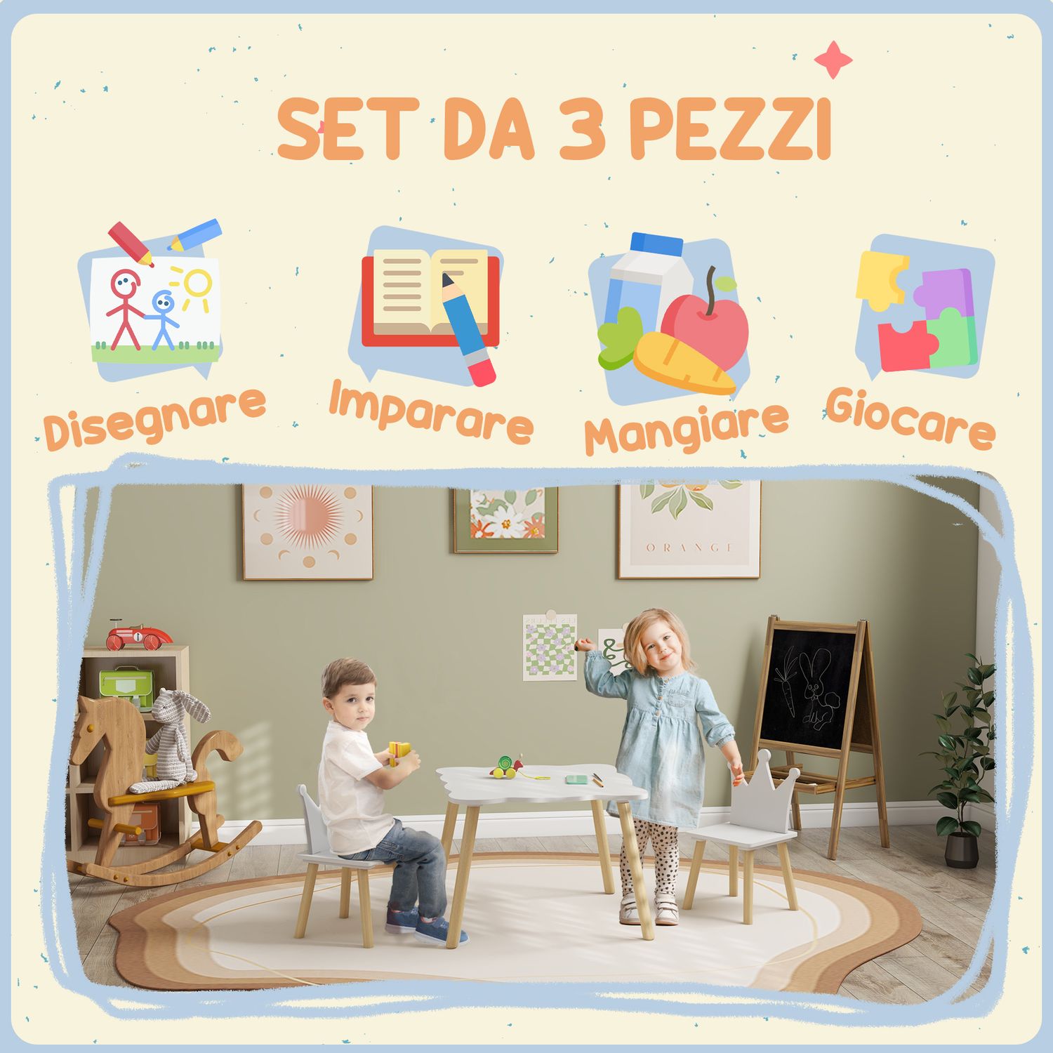 Set tavolo e 2 sedie per bambini con schienale a corona, età 3-6 anni, bianco - 