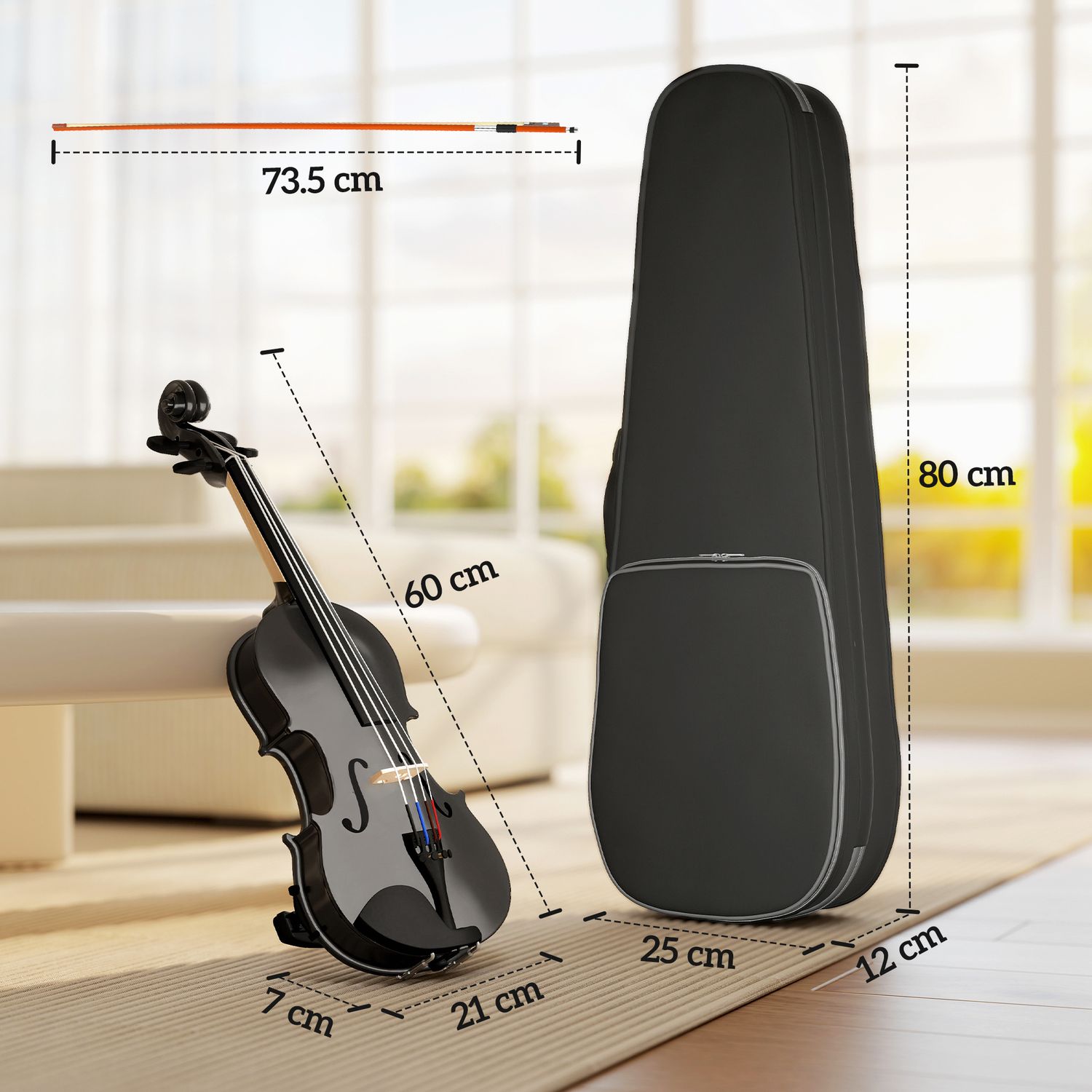 Violino 4/4 in legno di abete e acero con custodia, arco, spalliera e pece, nero - 