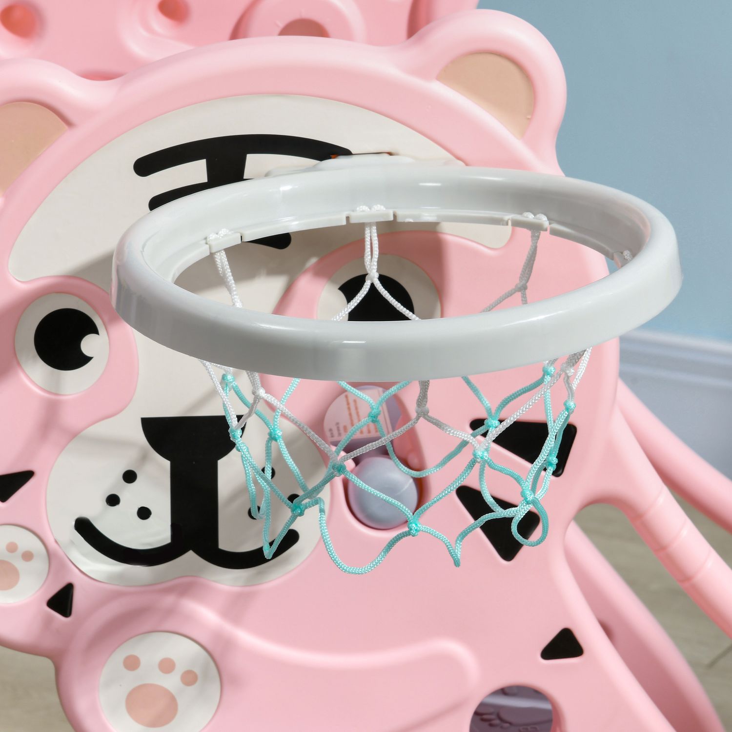Scivolo per bambini 18-36 mesi con canestro da basket laterale, in plastica, 133x60x70 cm, rosa e grigio - 