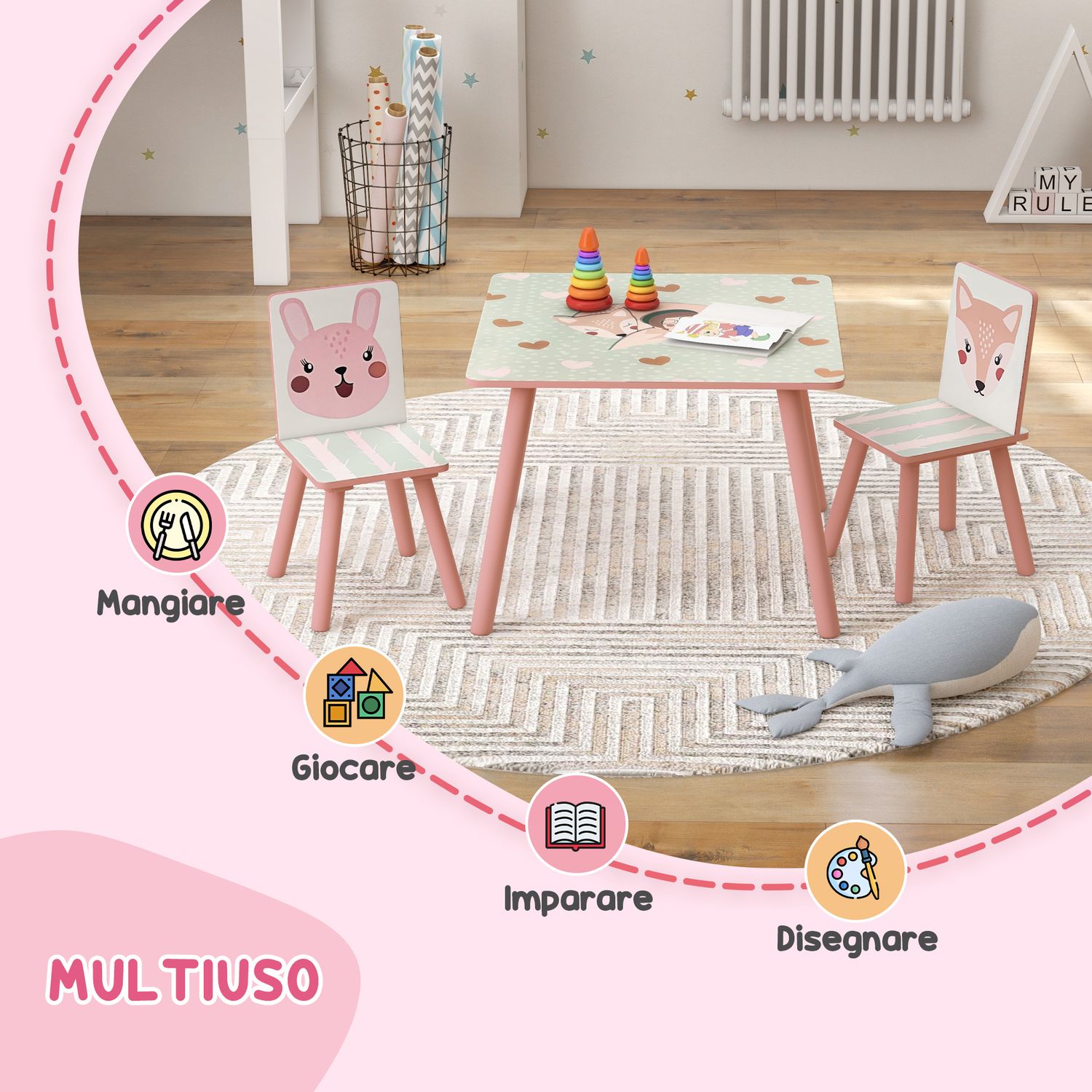 Set tavolo e sedie 3 pezzi per bambini 3-8 anni in mdf e legno di pino con disegni di animali, rosa - 