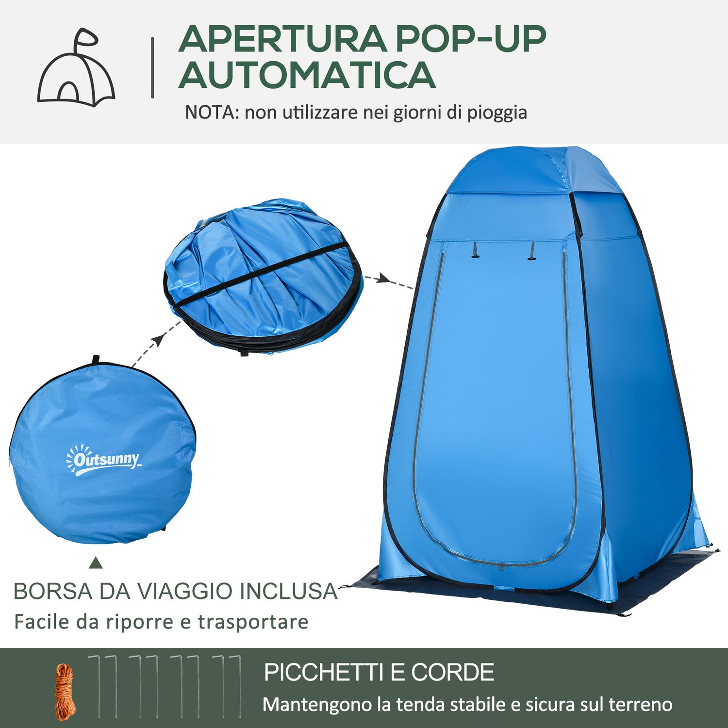 Tenda doccia da campeggio e spiaggia con porta a cerniera e borsa di trasporto, 126x124x189 cm, blu - 