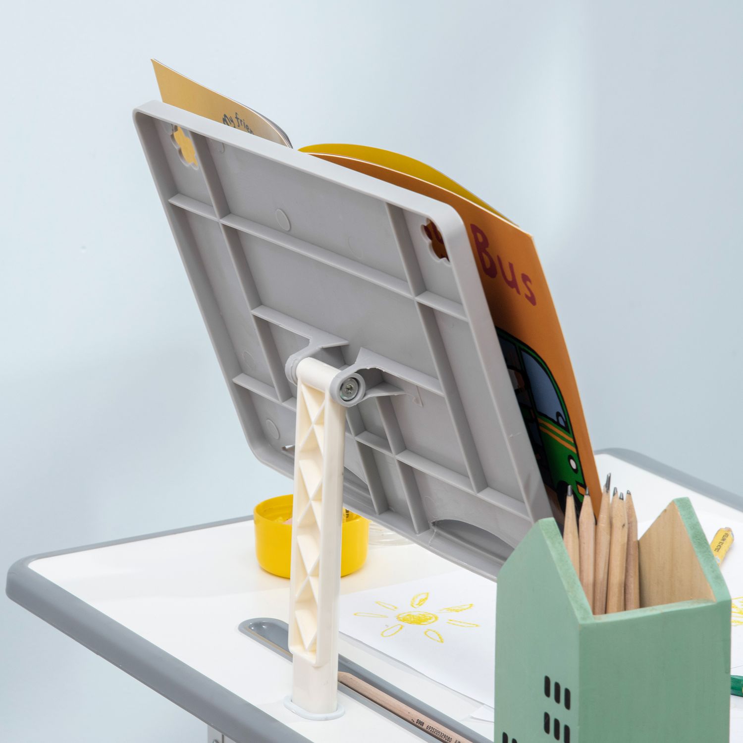 Banco scuola con sedia ad altezza regolabile e luce per bambini 6-12 anni, acciaio e mdf, grigio - 