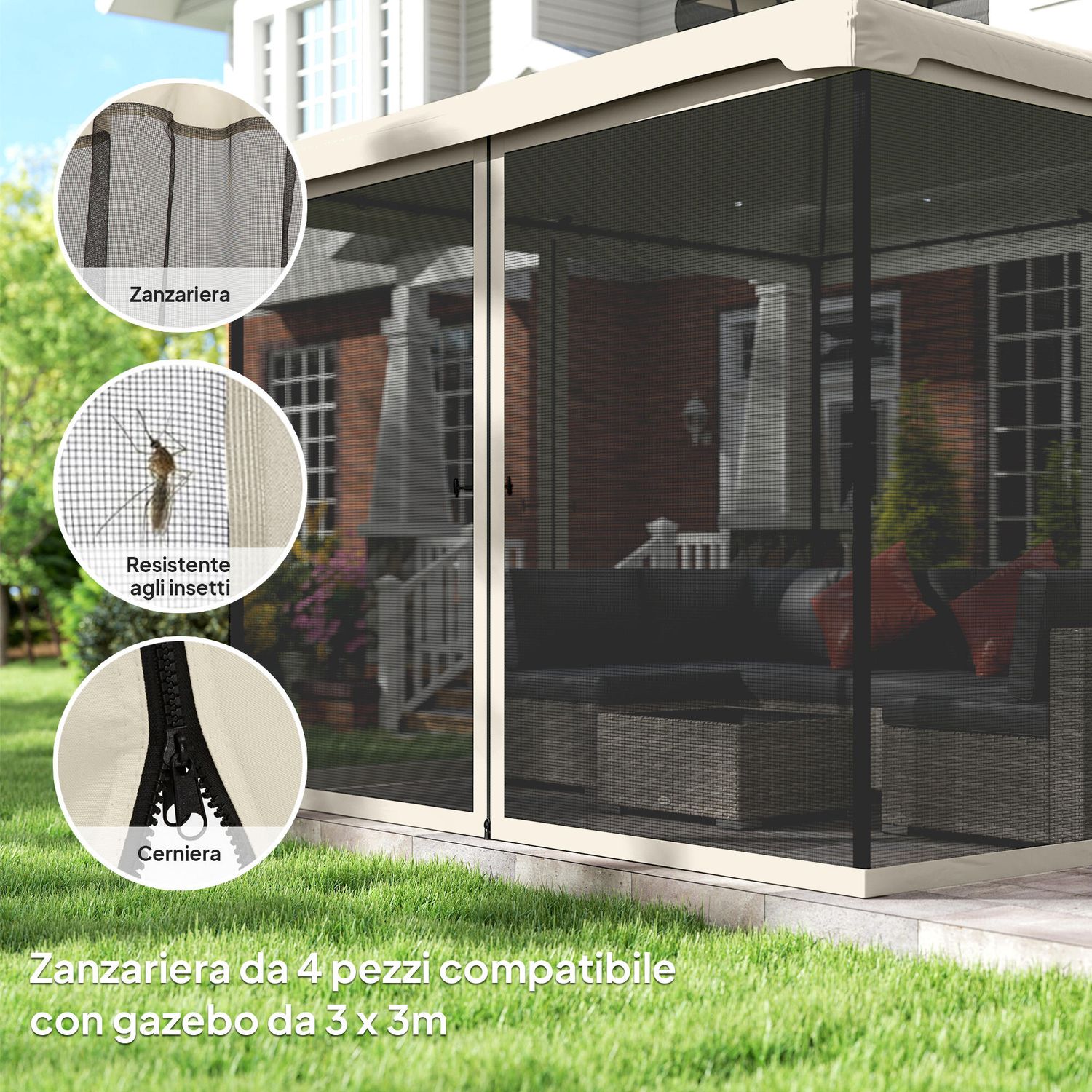 Zanzariera per gazebo tende di ricambio universale con cerniere, 302x207cm - nero e beige - 