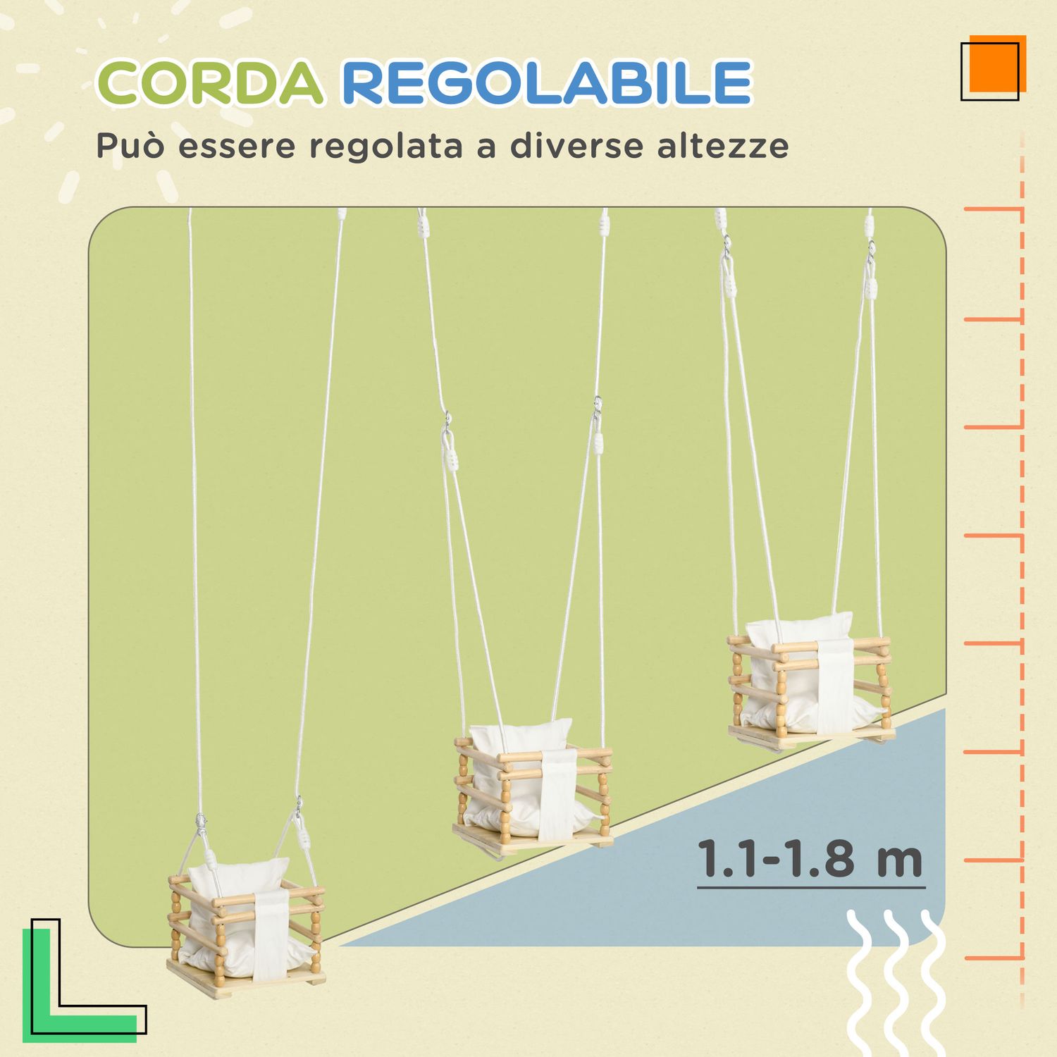 Altalena per bambini 9-36 mesi in legno e cotone con corda regolabile e cuscino, 30x30x110-180 cm - 