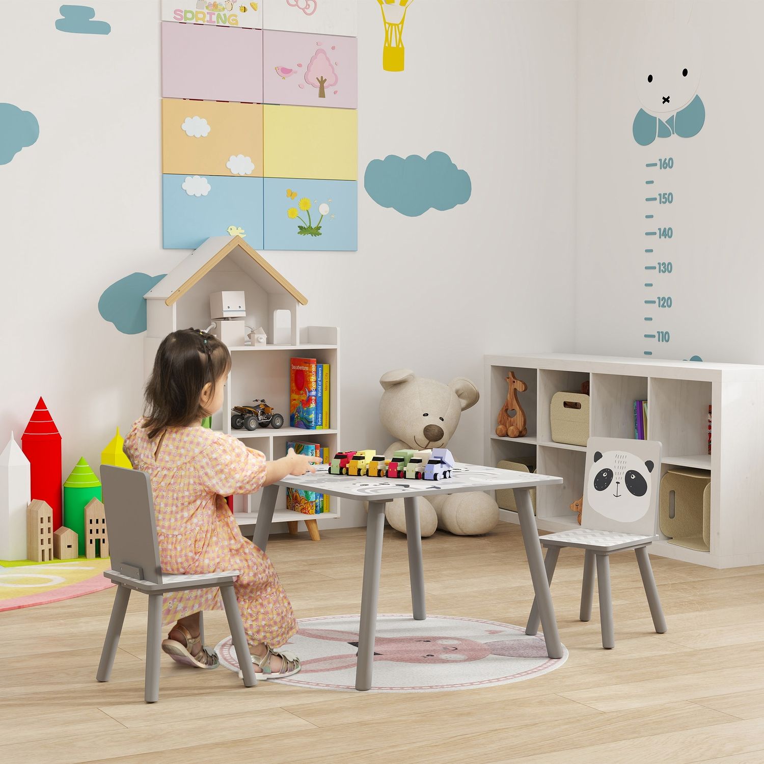 Set tavolino e 2 sedie per bambini 3-8 anni in mdf e legno di pino, grigio - 