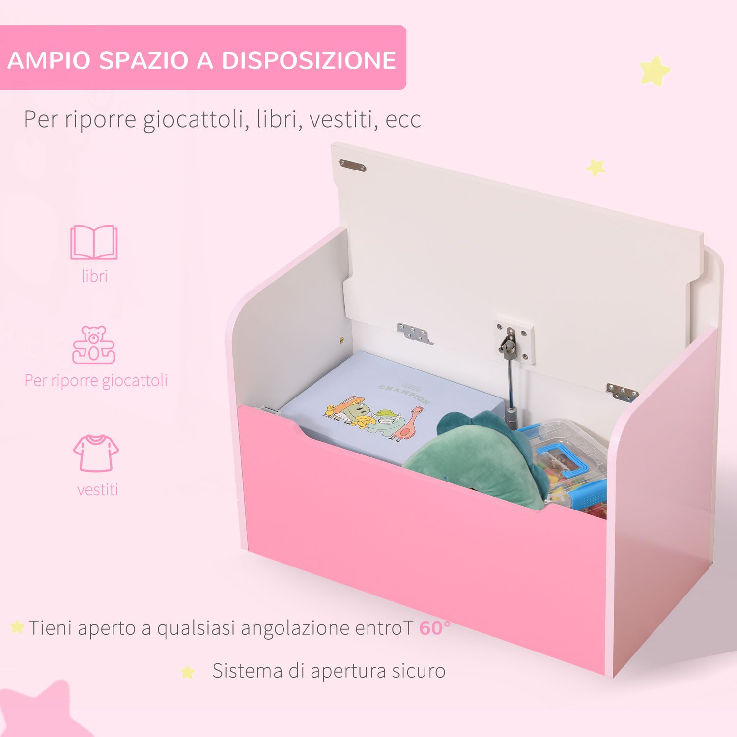 Panca contenitore con schienale in legno per bambini da 3-6 anni, 60x30x50 cm, rosa - 