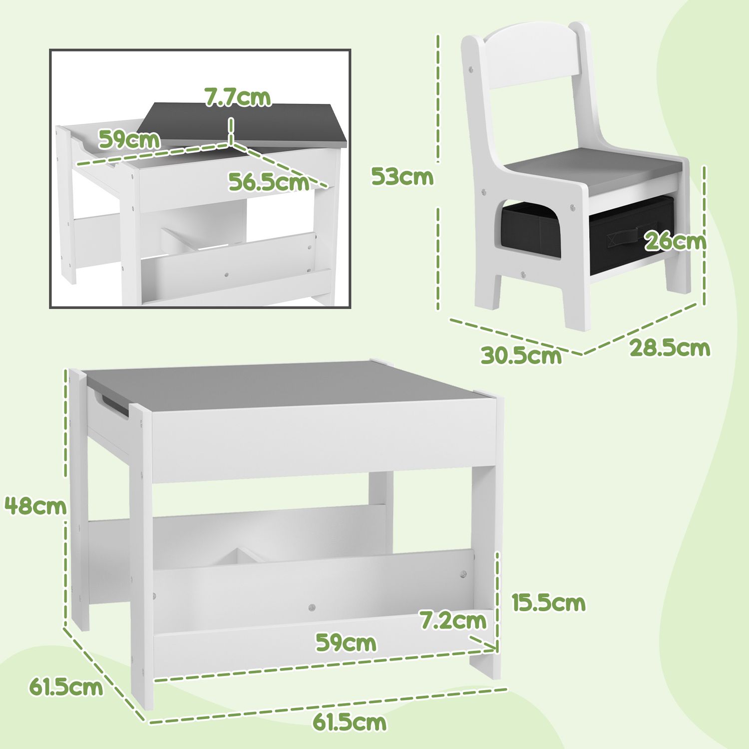 Set tavolino per bambini e 2 sedie, piano del tavolo 3 in 1 con lavagna e contenitori, grigio - 