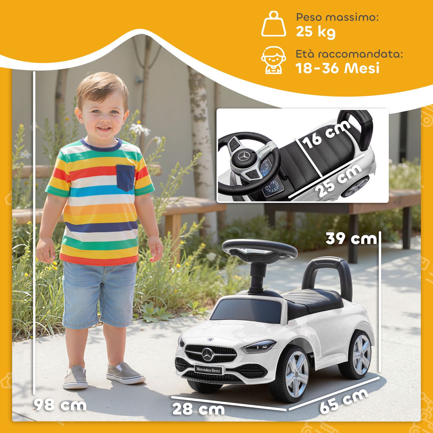 Macchina per bambini licenza mercedes benz con clacson e spazio portaoggetti, 65x28x39 cm, bianco - 