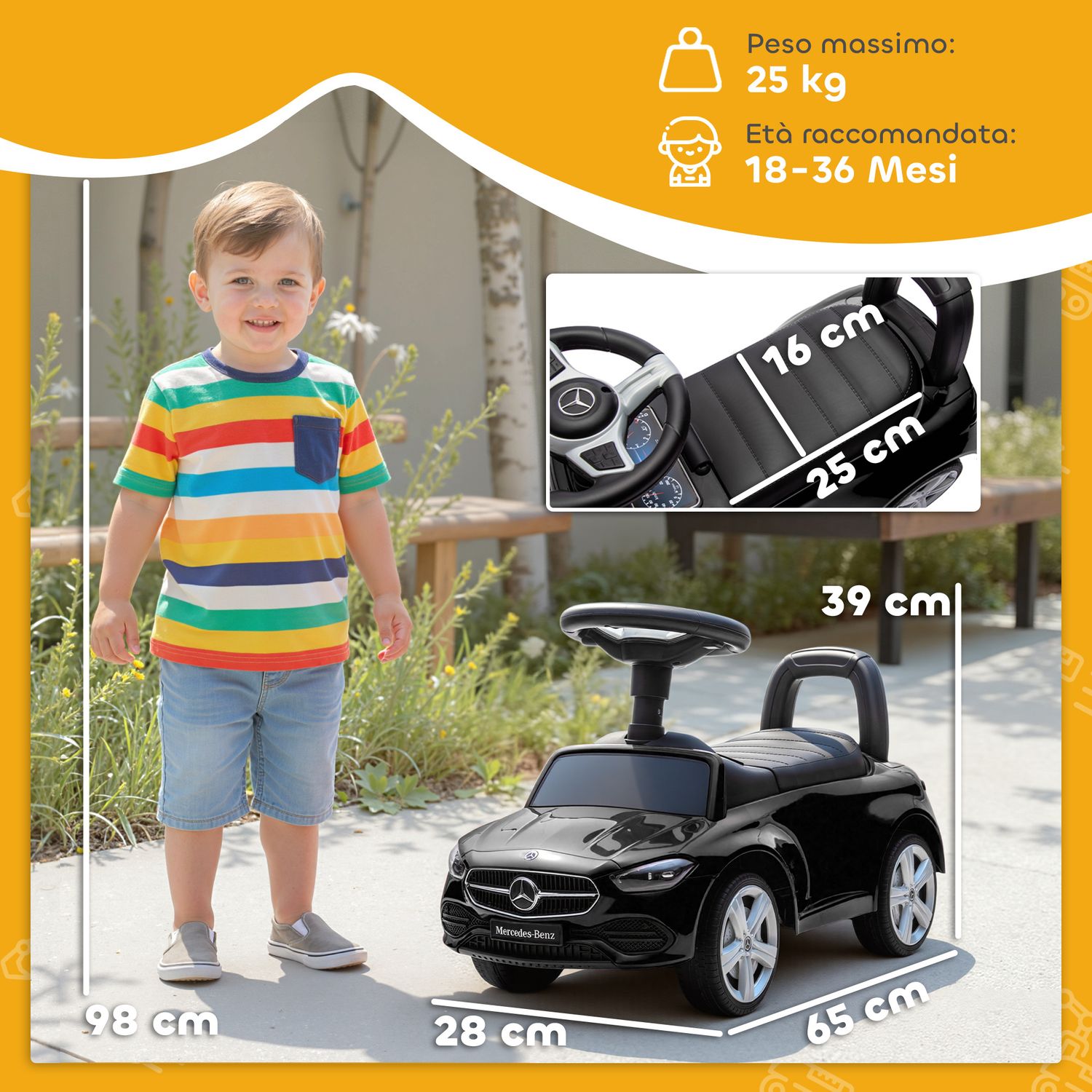 Macchina per bambini licenza mercedes benz con clacson e spazio portaoggetti, 65x28x39 cm, nero - 