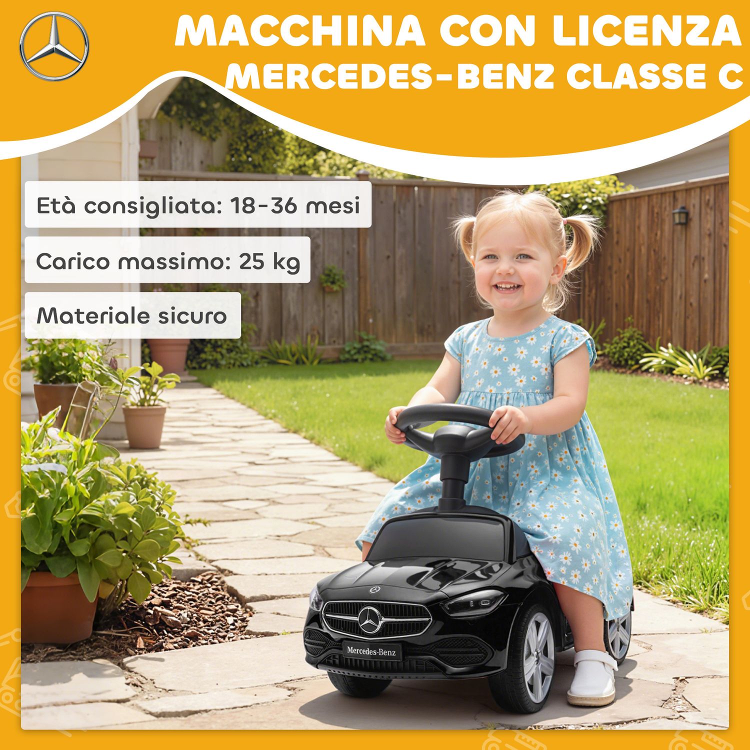 Macchina per bambini licenza mercedes benz con clacson e spazio portaoggetti, 65x28x39 cm, nero - 