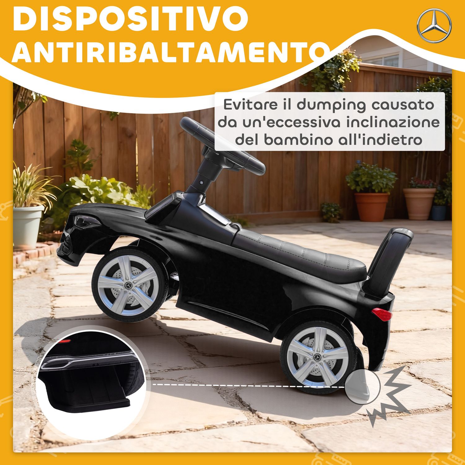 Macchina per bambini licenza mercedes benz con clacson e spazio portaoggetti, 65x28x39 cm, nero - 