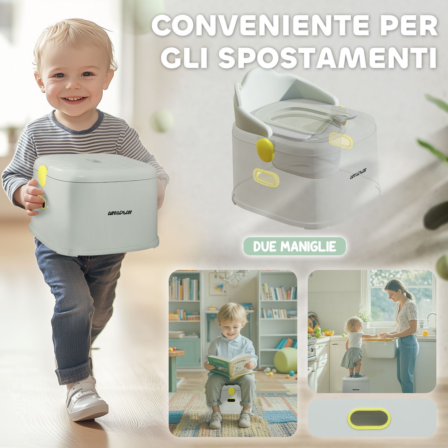 Vasino per bambini 3 in 1 con vaschetta rimovibile e imbottitura, età 6 mesi-6 anni, grigio - 
