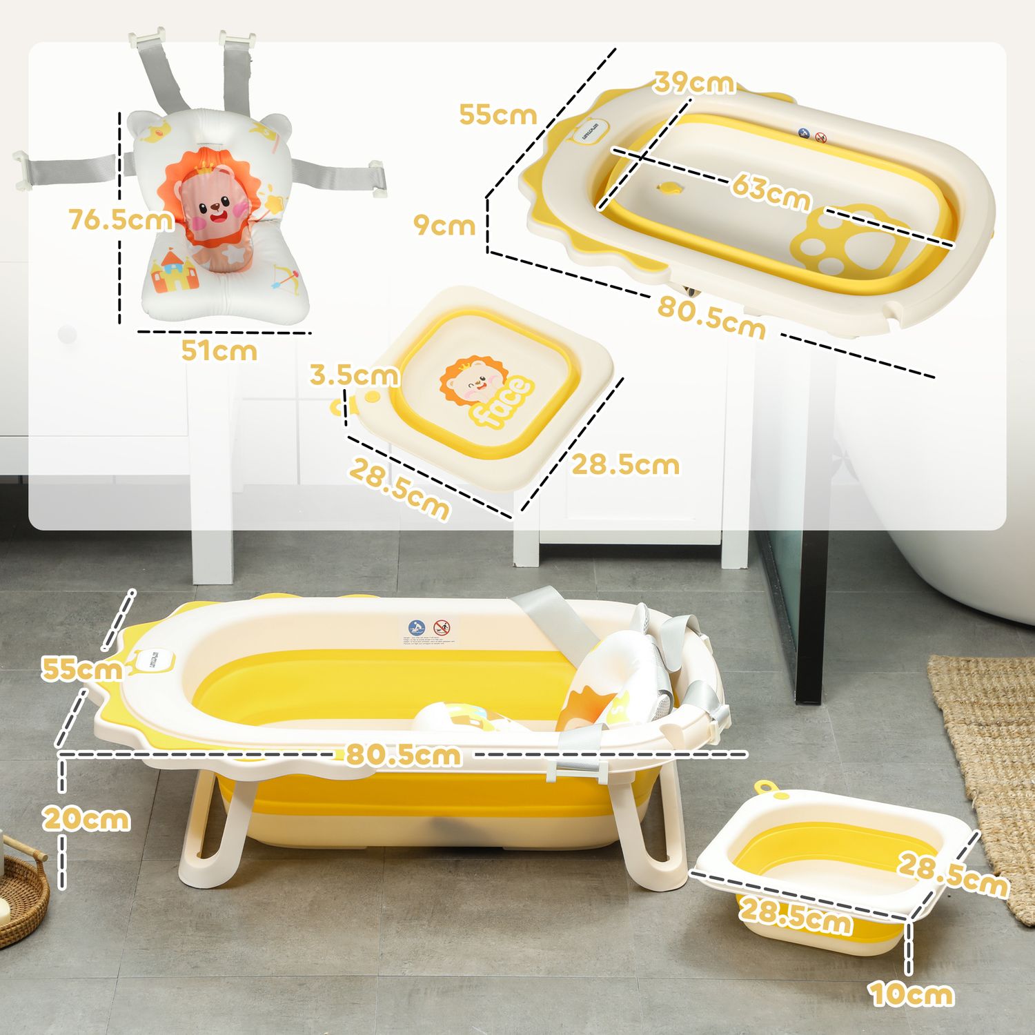 Vaschetta bagnetto pieghevole per neonati con cuscinetto e lavabo, in plastica antiscivolo, 80.5x55x20 cm, giallo - 