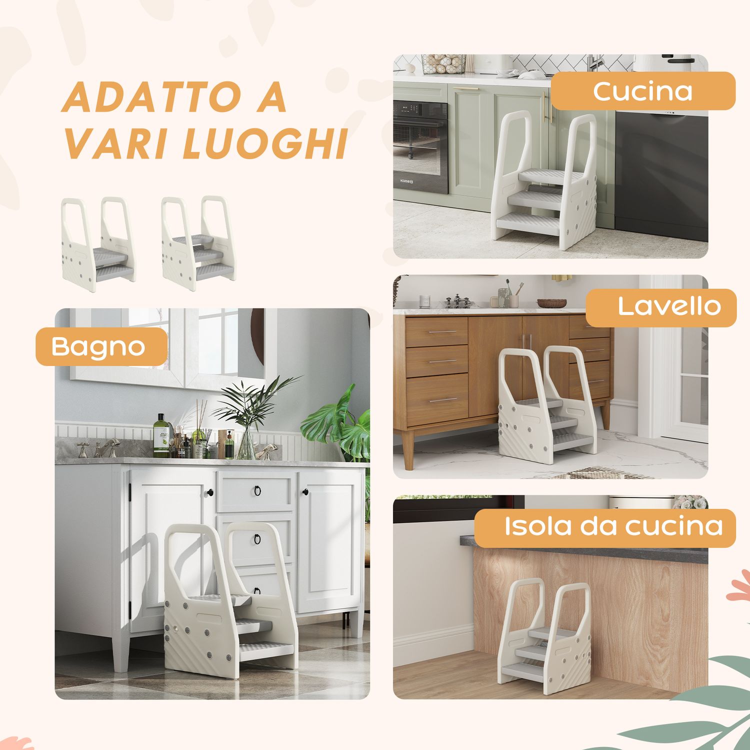 Sgabello per bambini 2-5 anni a 3 gradini in hdpe, 43x42x65.5 cm, grigio e bianco crema - 