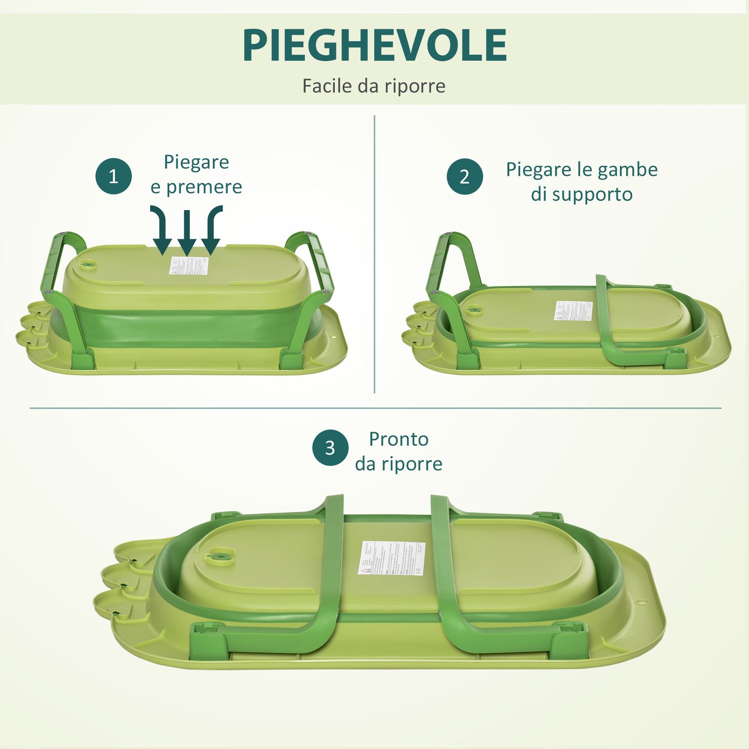 Vaschetta bagnetto pieghevole per bambini 0-3 anni con cuscino regolabile azzurro e piedini antiscivolo, 80x53.9x20.8cm verde - 