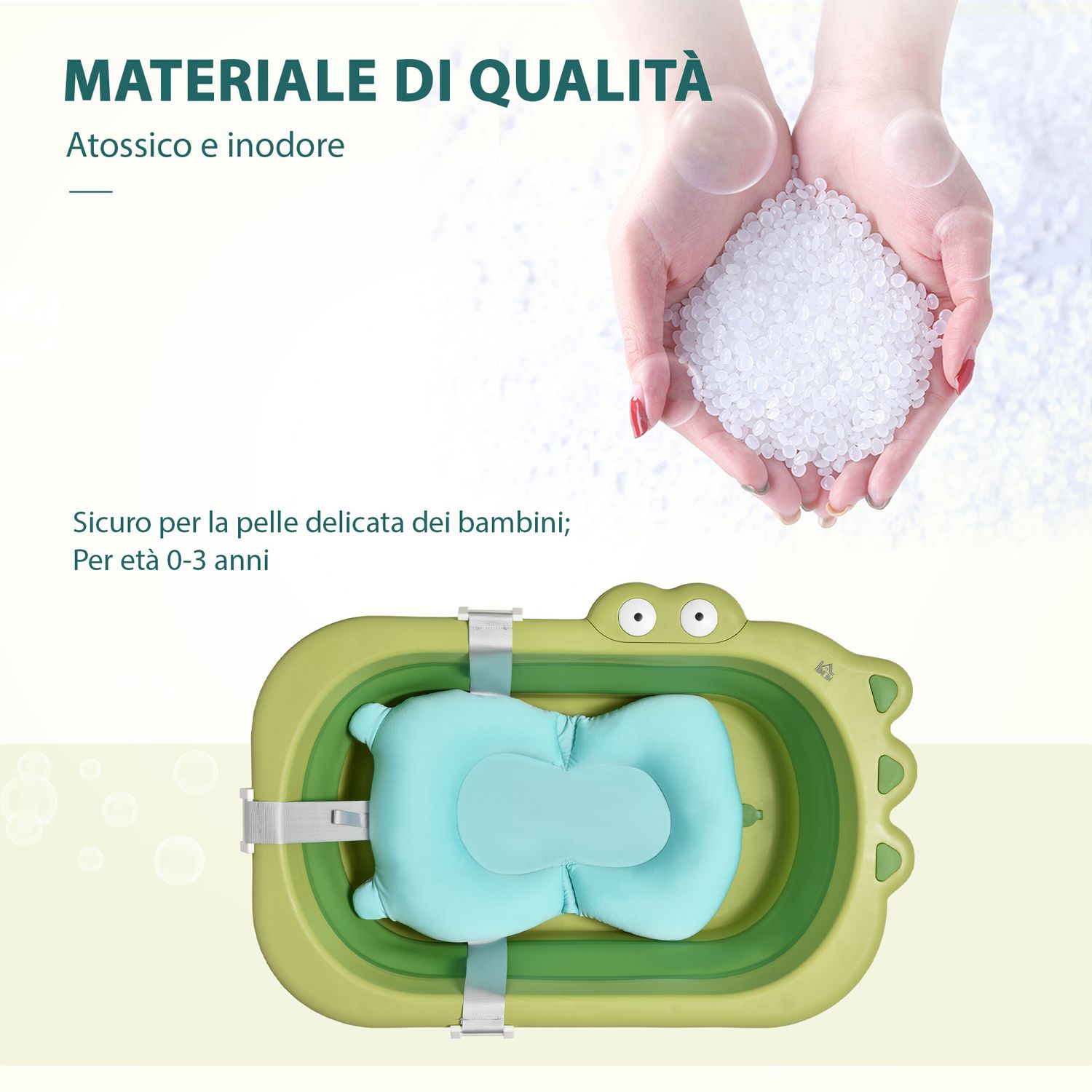 Vaschetta bagnetto pieghevole per bambini 0-3 anni con cuscino regolabile azzurro e piedini antiscivolo, 80x53.9x20.8cm verde - 