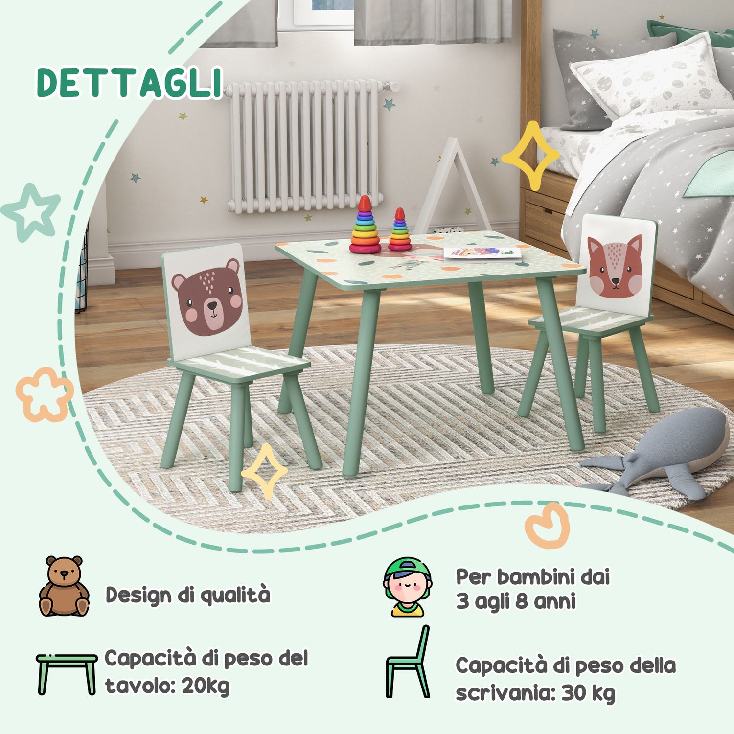 Set tavolo e sedie 3 pezzi per bambini 3-8 anni in mdf e legno di pino, verde - 