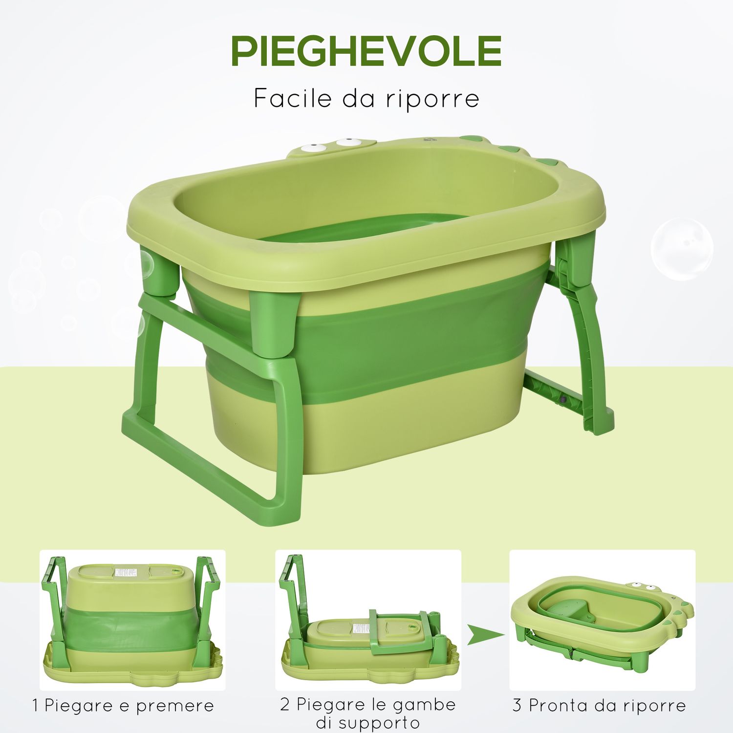 Vaschetta bagnetto pieghevole per bimbi 0-6 anni in plastica antiscivolo verde, 75.3x55.4x43cm - 