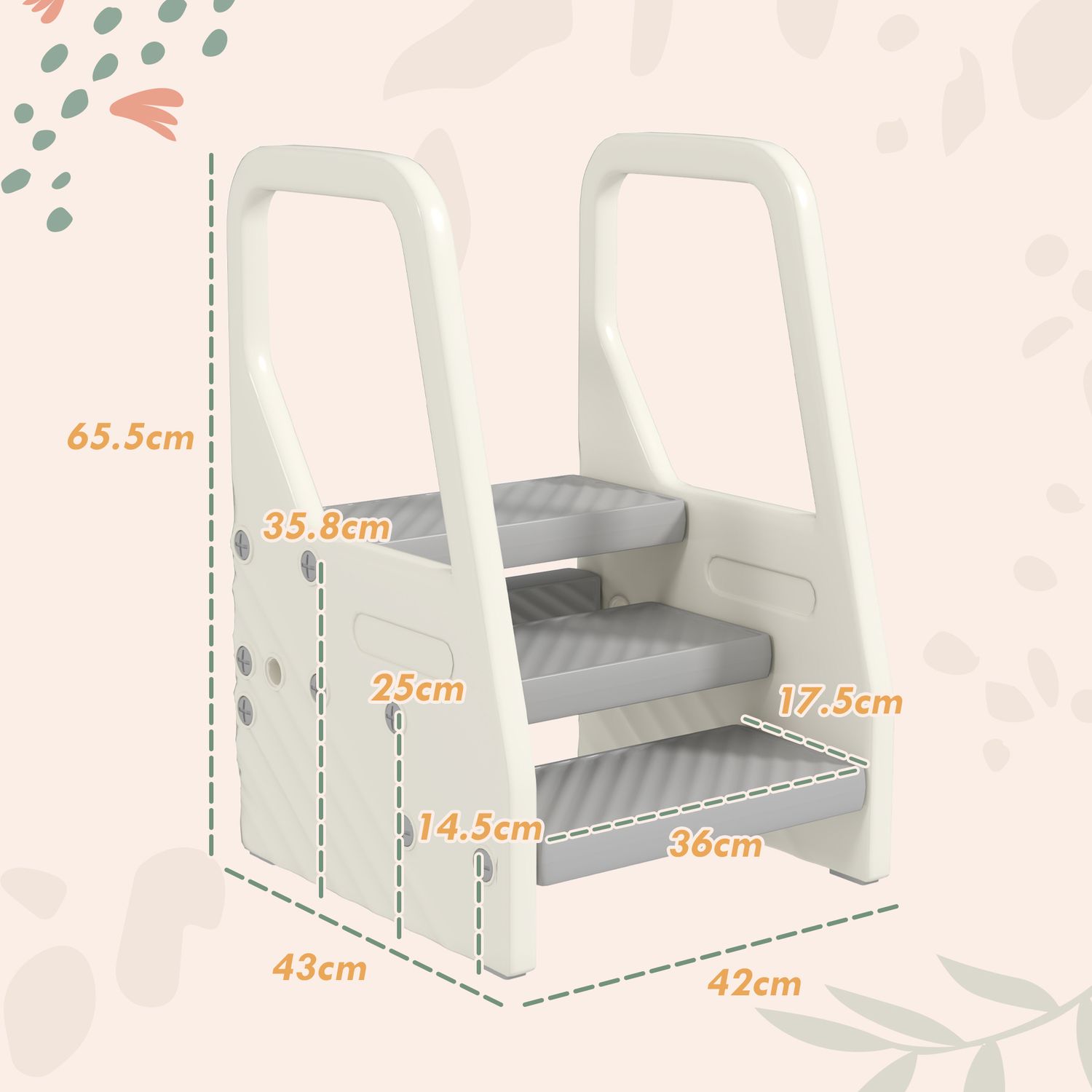 Sgabello per bambini 2-5 anni a 3 gradini in hdpe, 43x42x65.5 cm, grigio e bianco crema - 