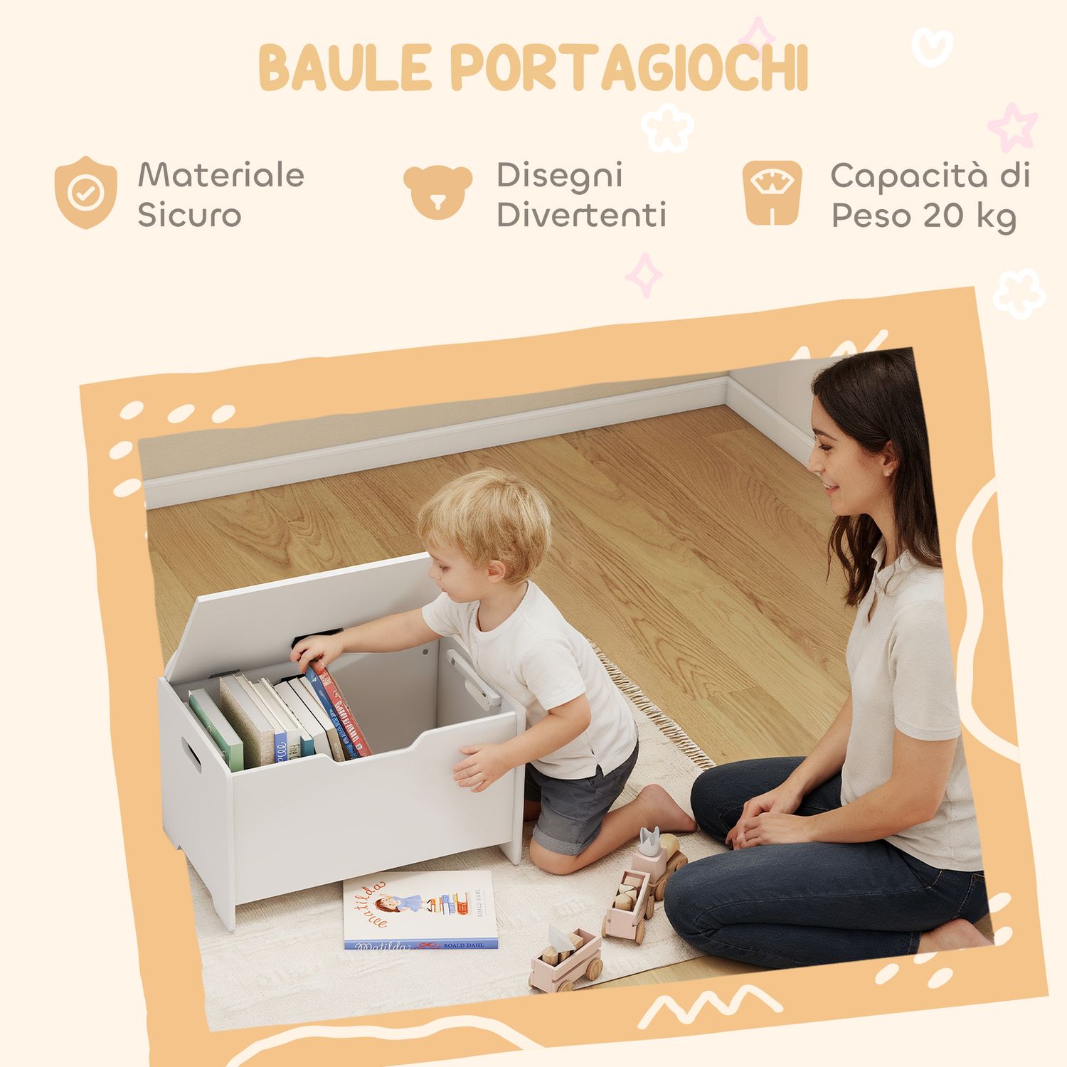 Baule portagiochi in legno a forma di orso e capacità 20 kg 60x38x48 cm, bianco - 