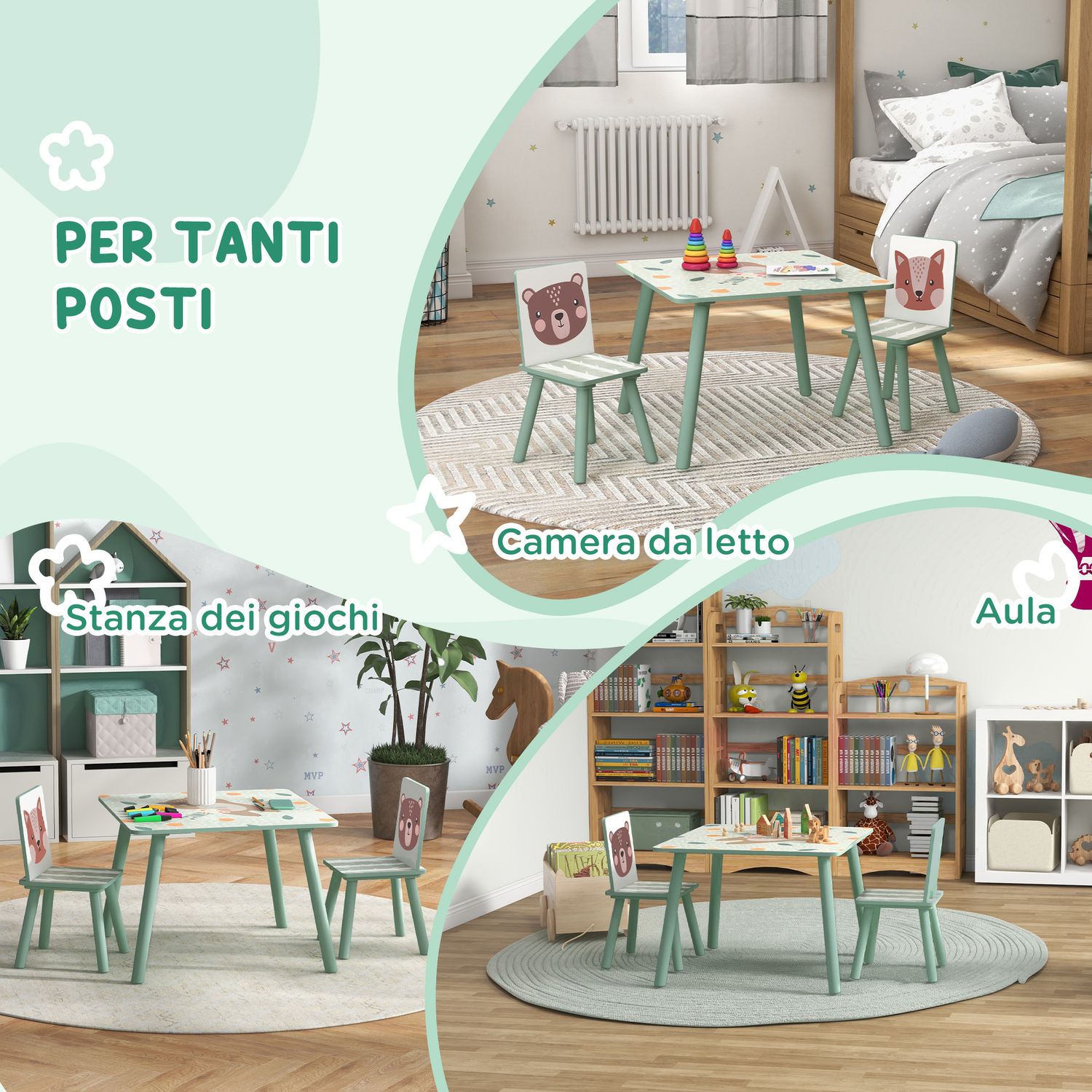 Set tavolo e sedie 3 pezzi per bambini 3-8 anni in mdf e legno di pino, verde - 