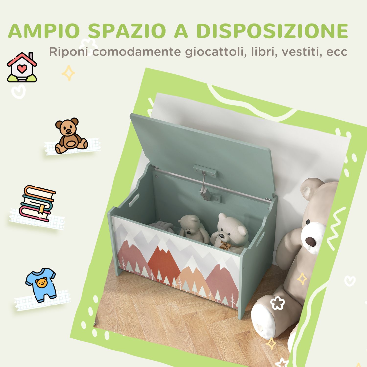 Baule portagiochi per bambini con coperchio e cerniera di sicurezza in mdf, 60x37x39cm, verde - 