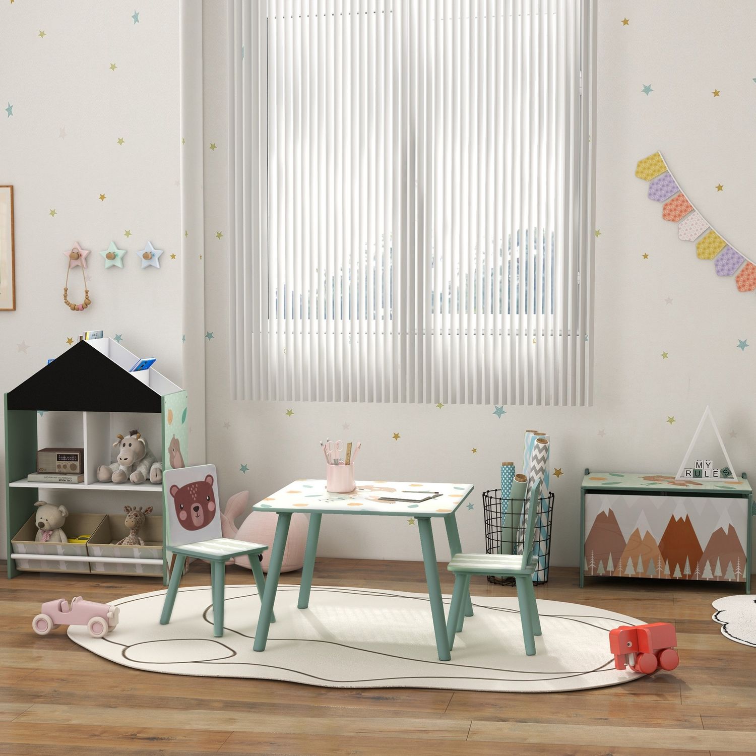 Set tavolo e sedie 3 pezzi per bambini 3-8 anni in mdf e legno di pino, verde - 