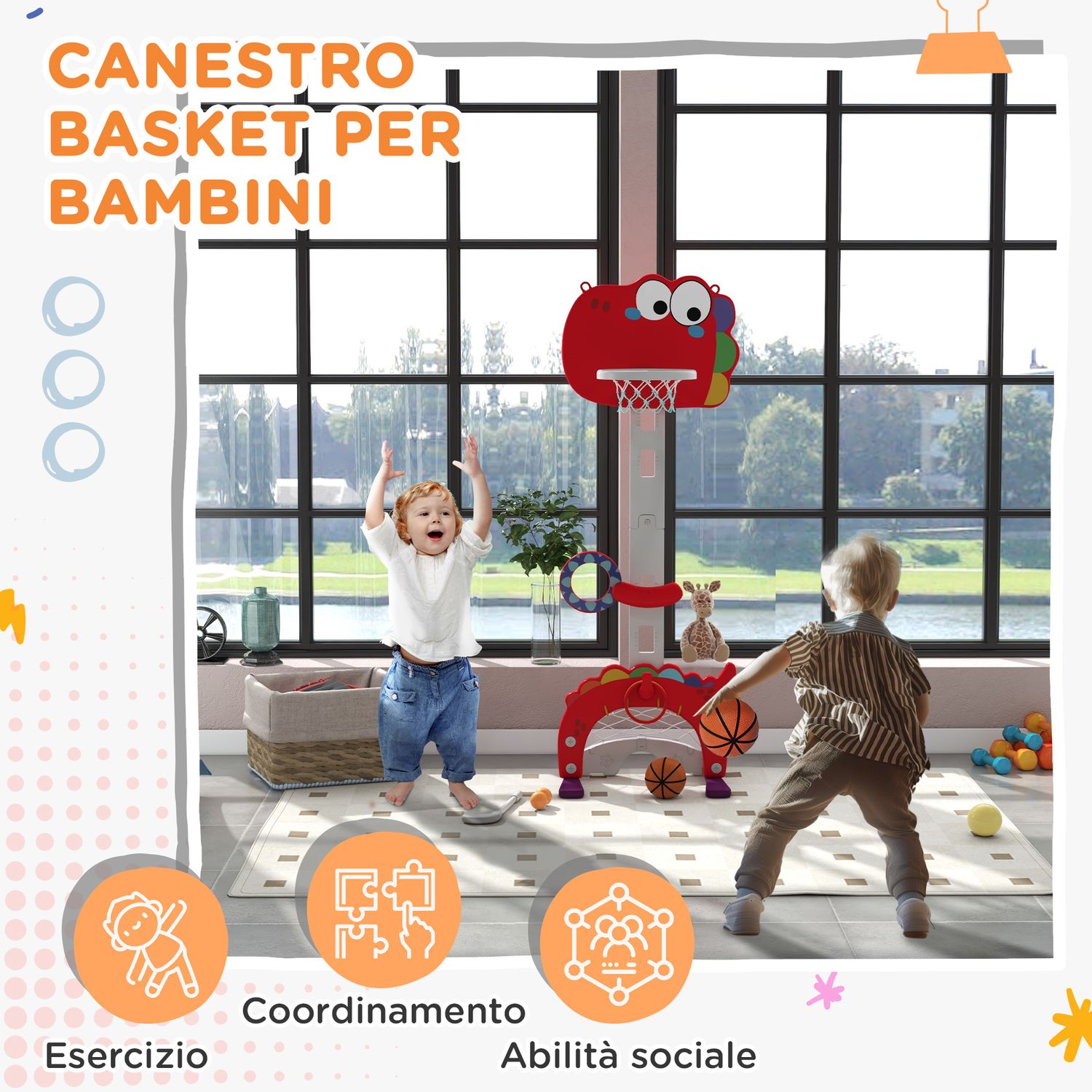 Canestro basket per bambini 5 in 1 con altezza regolabile, porta da calcio e golf, età 3-6 anni, rosso - 