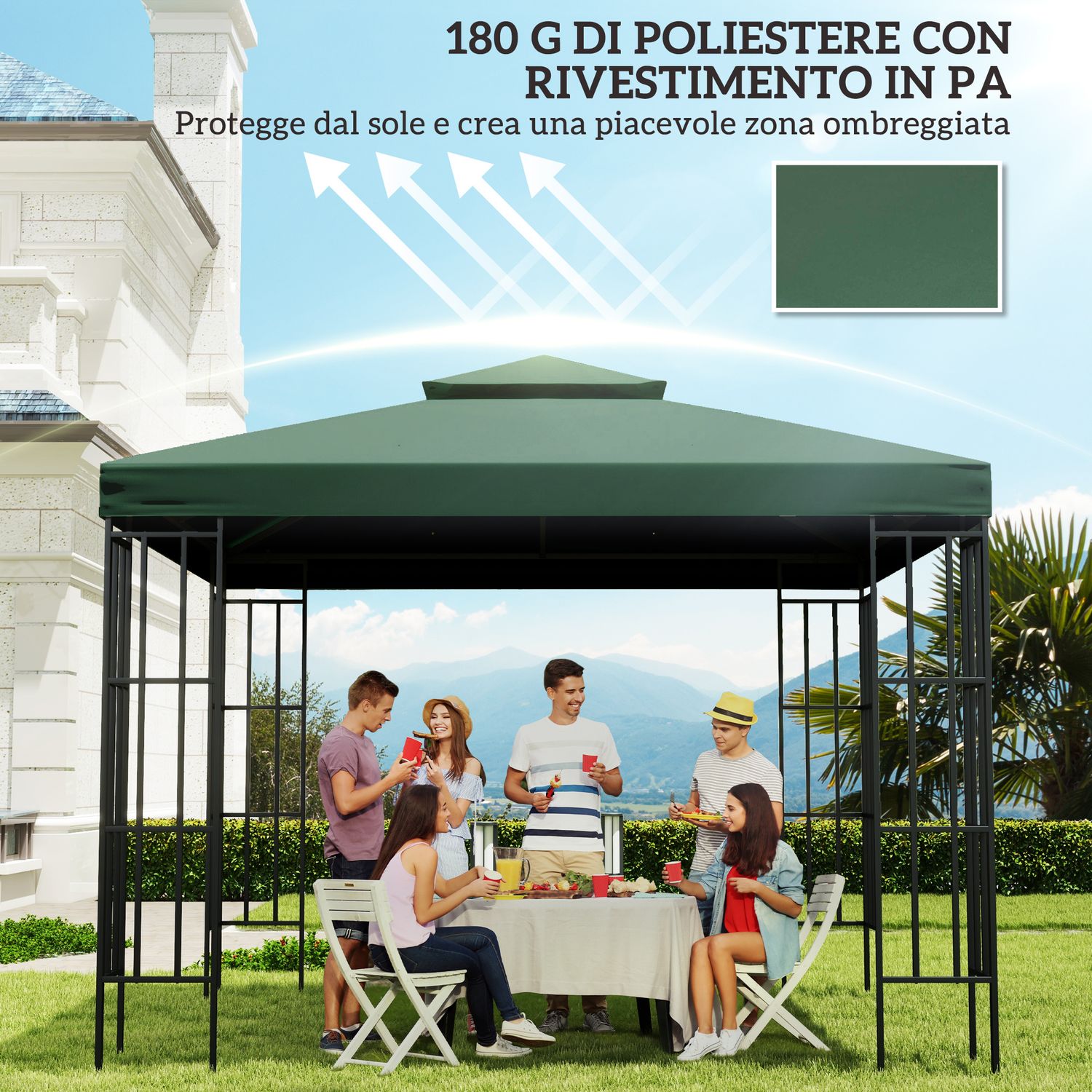 Copertura telo per gazebo da giardino 3x3 m, tetto anti-uv impermeabile in poliestere verde scuro - 