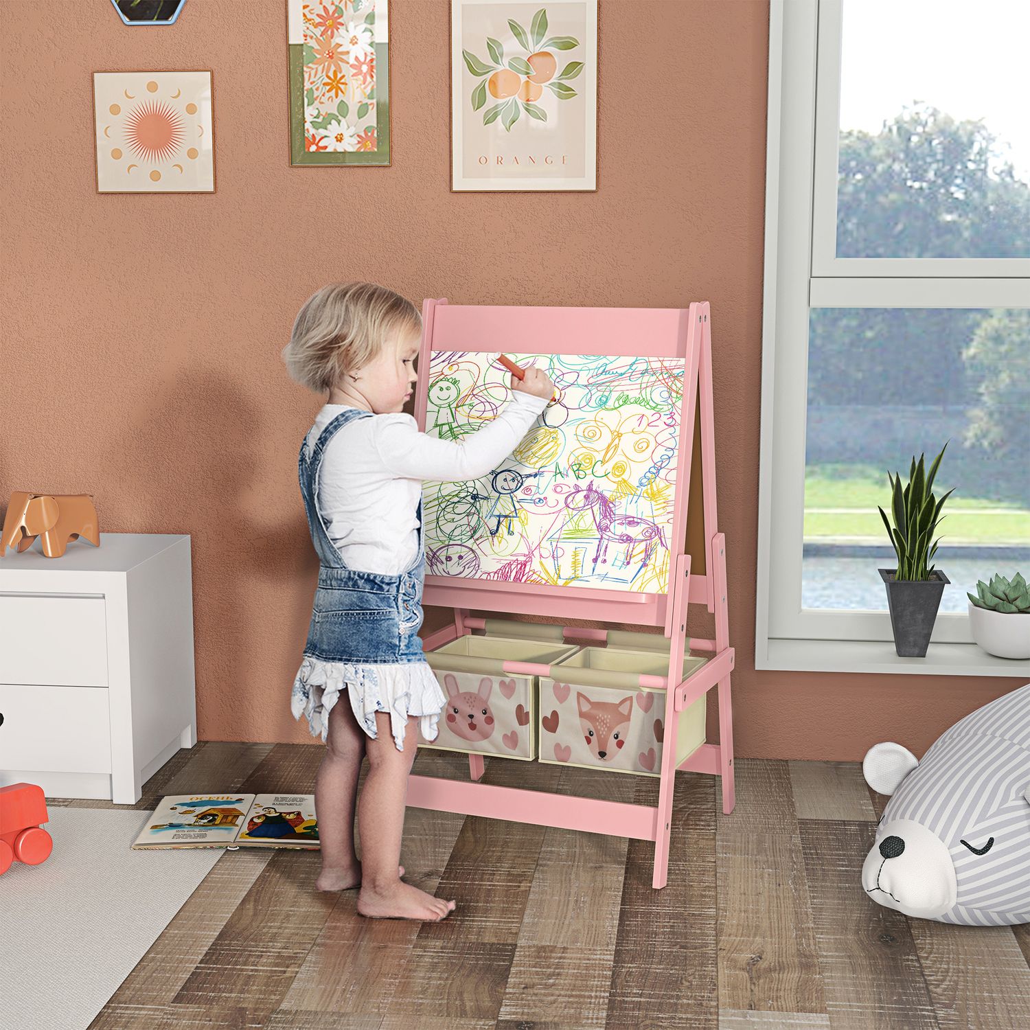Lavagna per bambini con cavalletto 3 in 1 e 2 contenitori, età 3-8 anni, 54x46.5x93cm, rosa - 