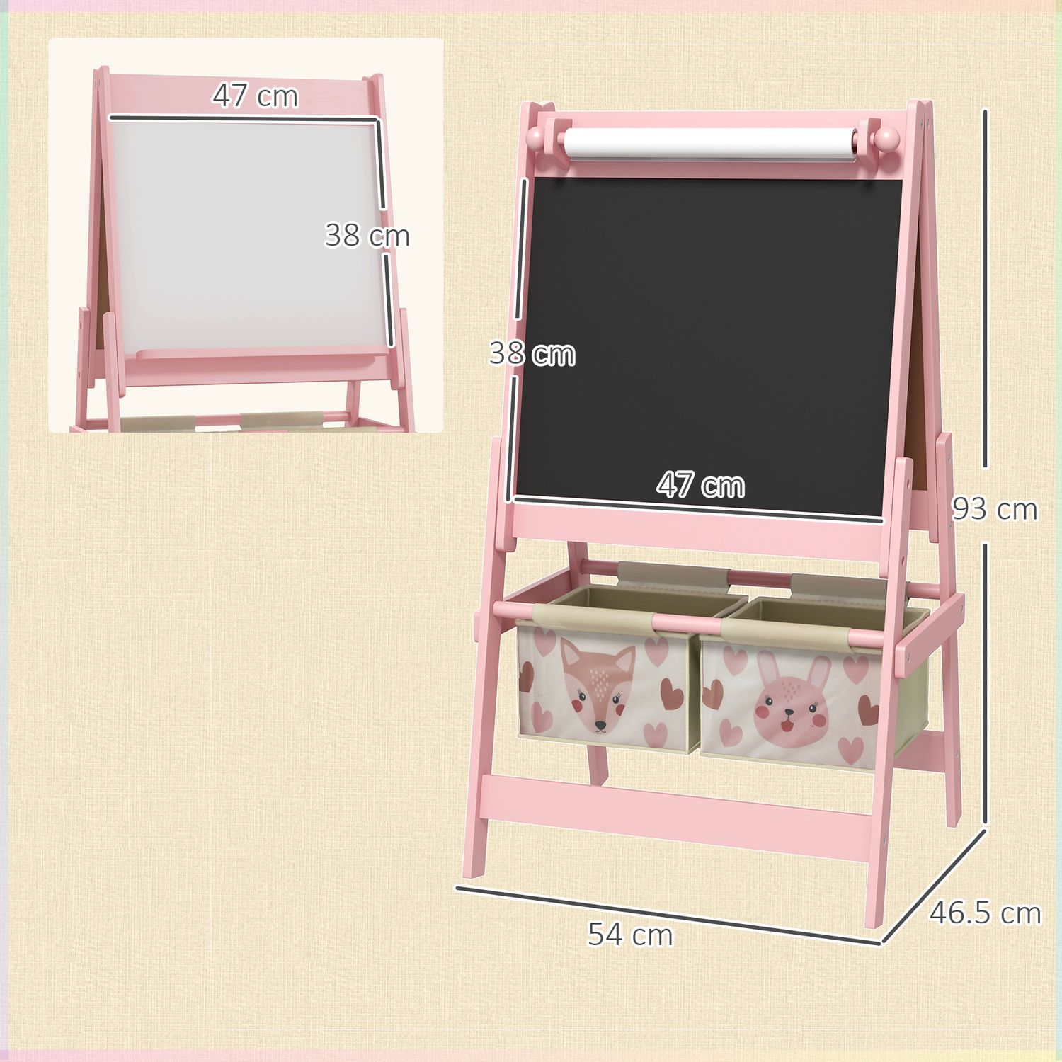 Lavagna per bambini con cavalletto 3 in 1 e 2 contenitori, età 3-8 anni, 54x46.5x93cm, rosa - 