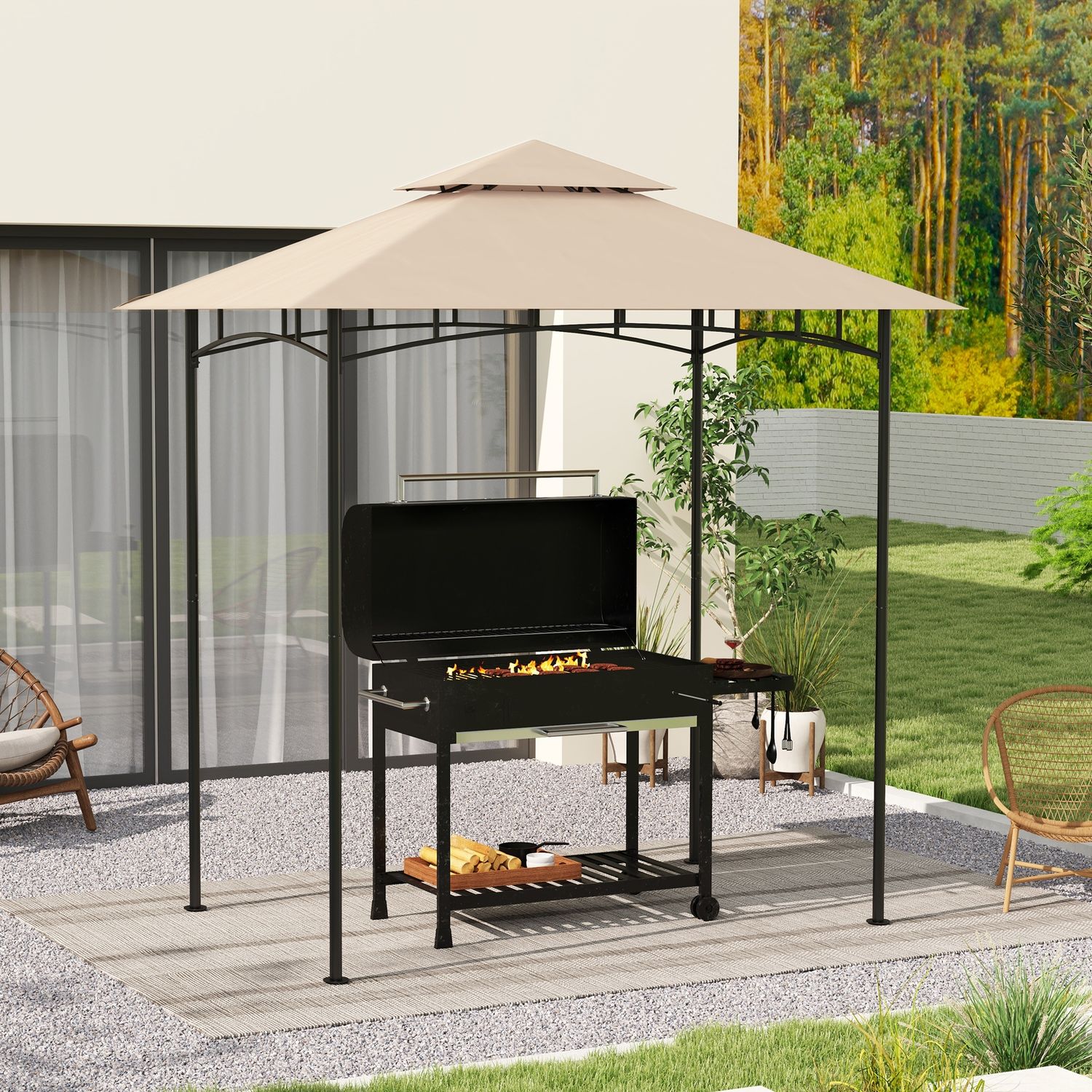 Copertura per gazebo da giardino per barbecue 1.52x2.44 m a 2 livelli in poliestere 160gsm beige - 
