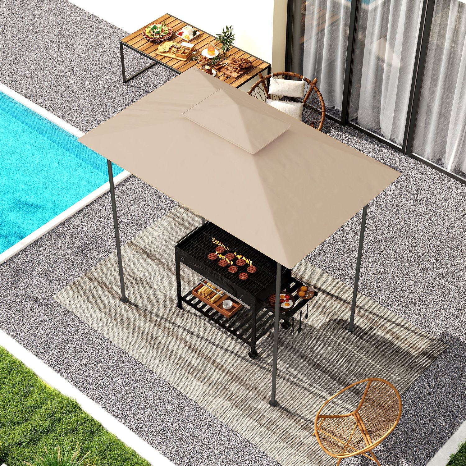 Copertura per gazebo da giardino per barbecue 1.52x2.44 m a 2 livelli in poliestere 160gsm beige - 