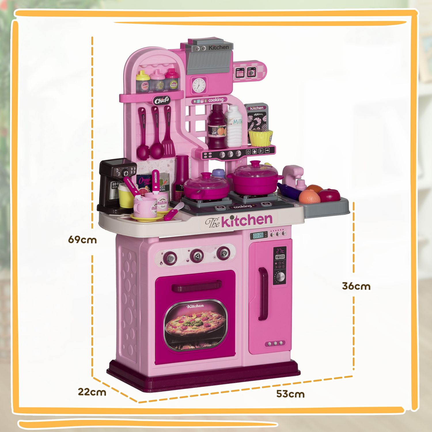 Cucina giocattolo per bambini da 33 pezzi con luci, suoni e rubinetto, in pp e abs, 53x22x69 cm, rosa - 