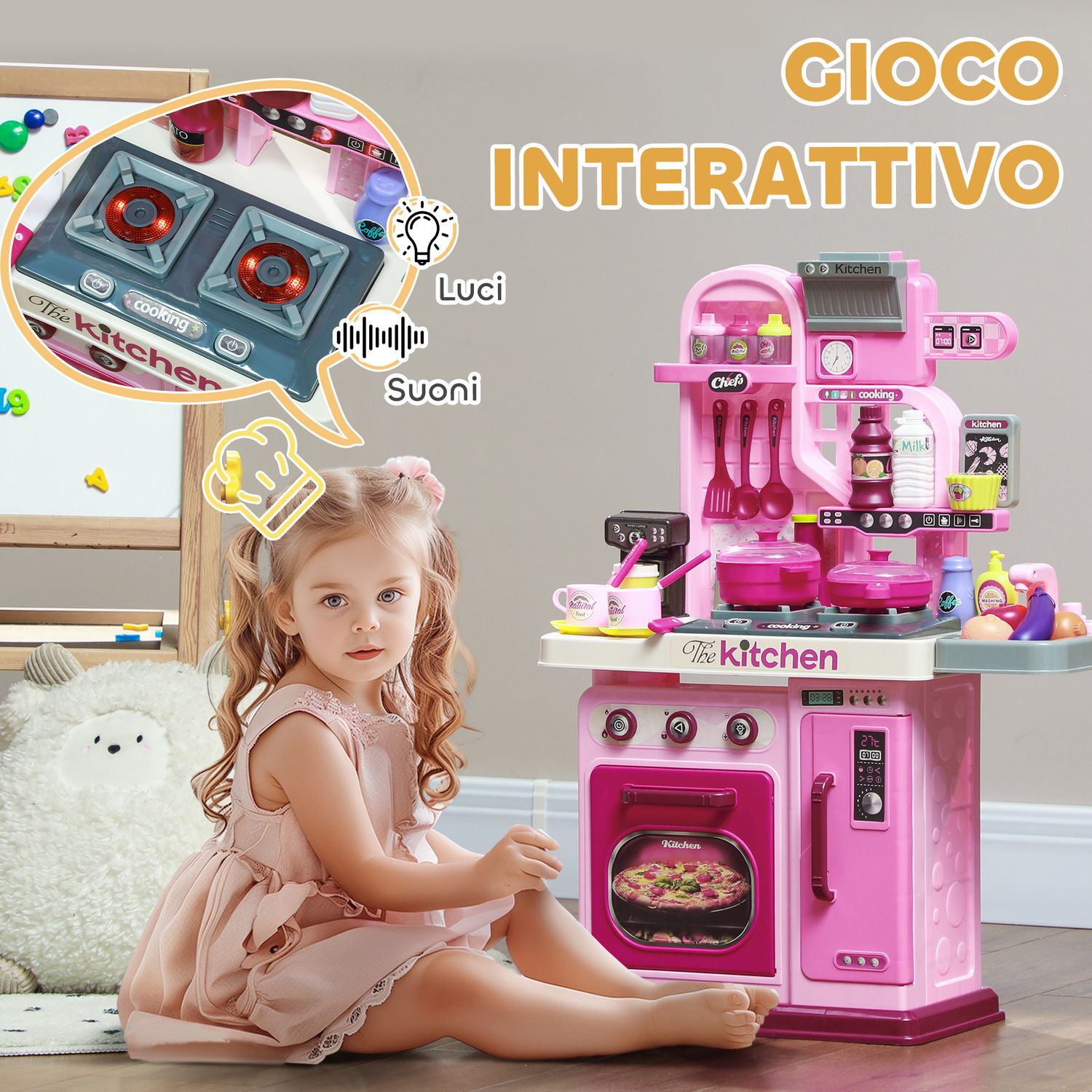 Cucina giocattolo per bambini da 33 pezzi con luci, suoni e rubinetto, in pp e abs, 53x22x69 cm, rosa - 