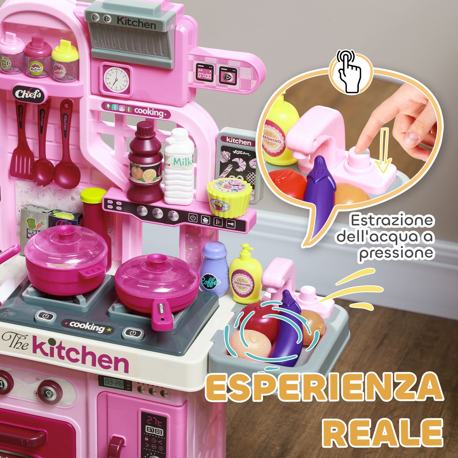 Cucina giocattolo per bambini da 33 pezzi con luci, suoni e rubinetto, in pp e abs, 53x22x69 cm, rosa - 