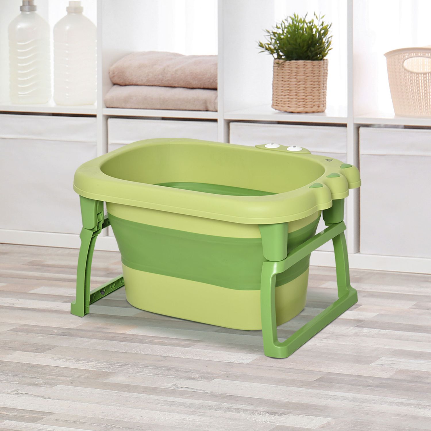 Vaschetta bagnetto pieghevole per bimbi 0-6 anni in plastica antiscivolo verde, 75.3x55.4x43cm - 