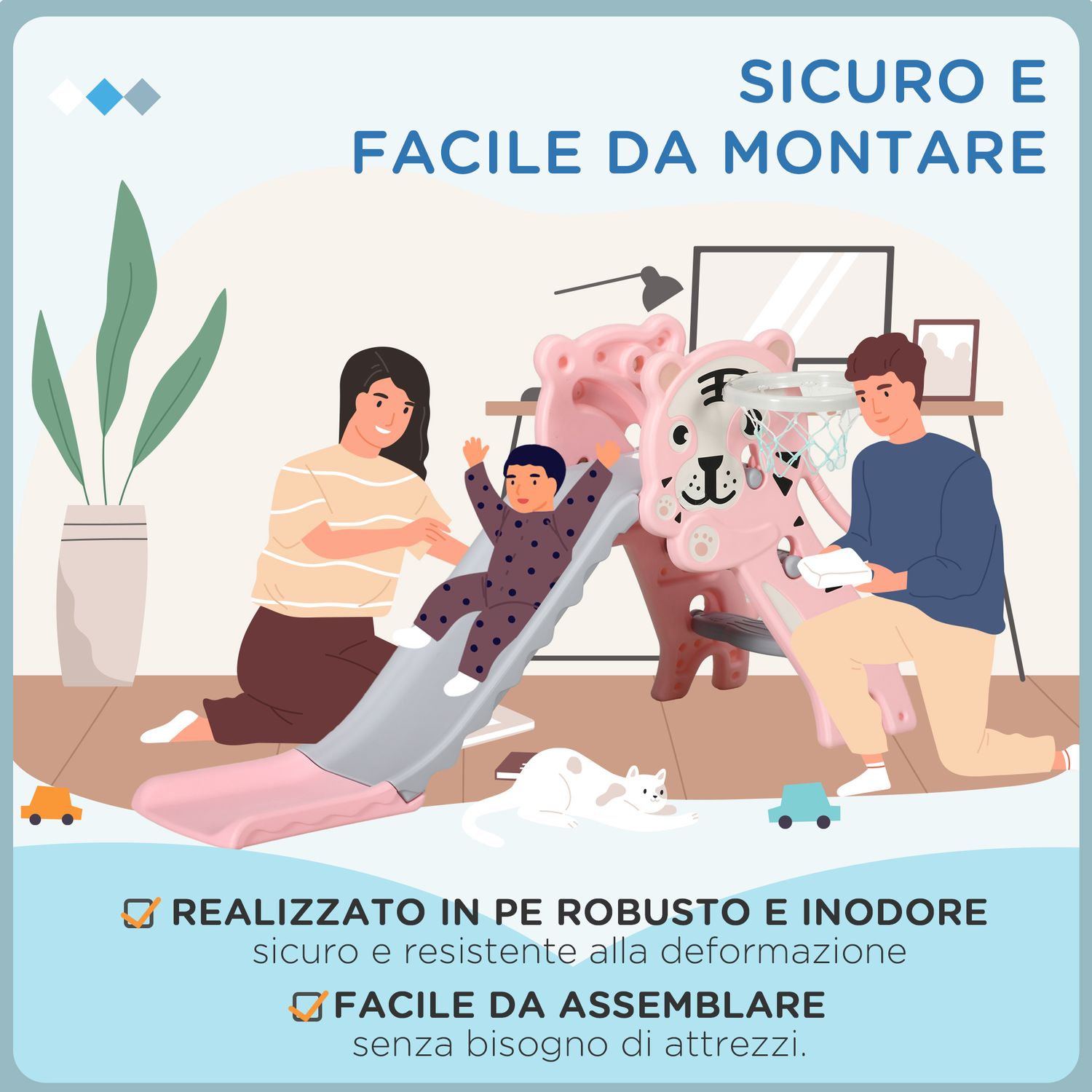 Scivolo per bambini 18-36 mesi con canestro da basket laterale, in plastica, 133x60x70 cm, rosa e grigio - 