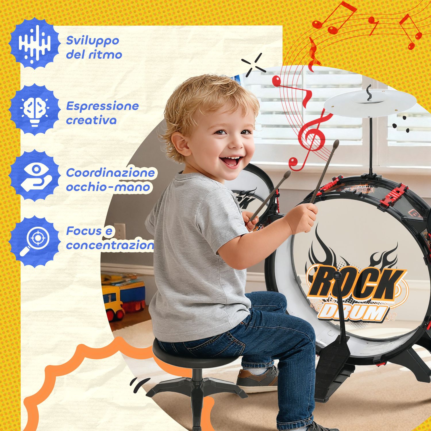 Set batteria giocattolo per bambini con sgabello, gioco musicale per bambini 3-6 anni, nero - 