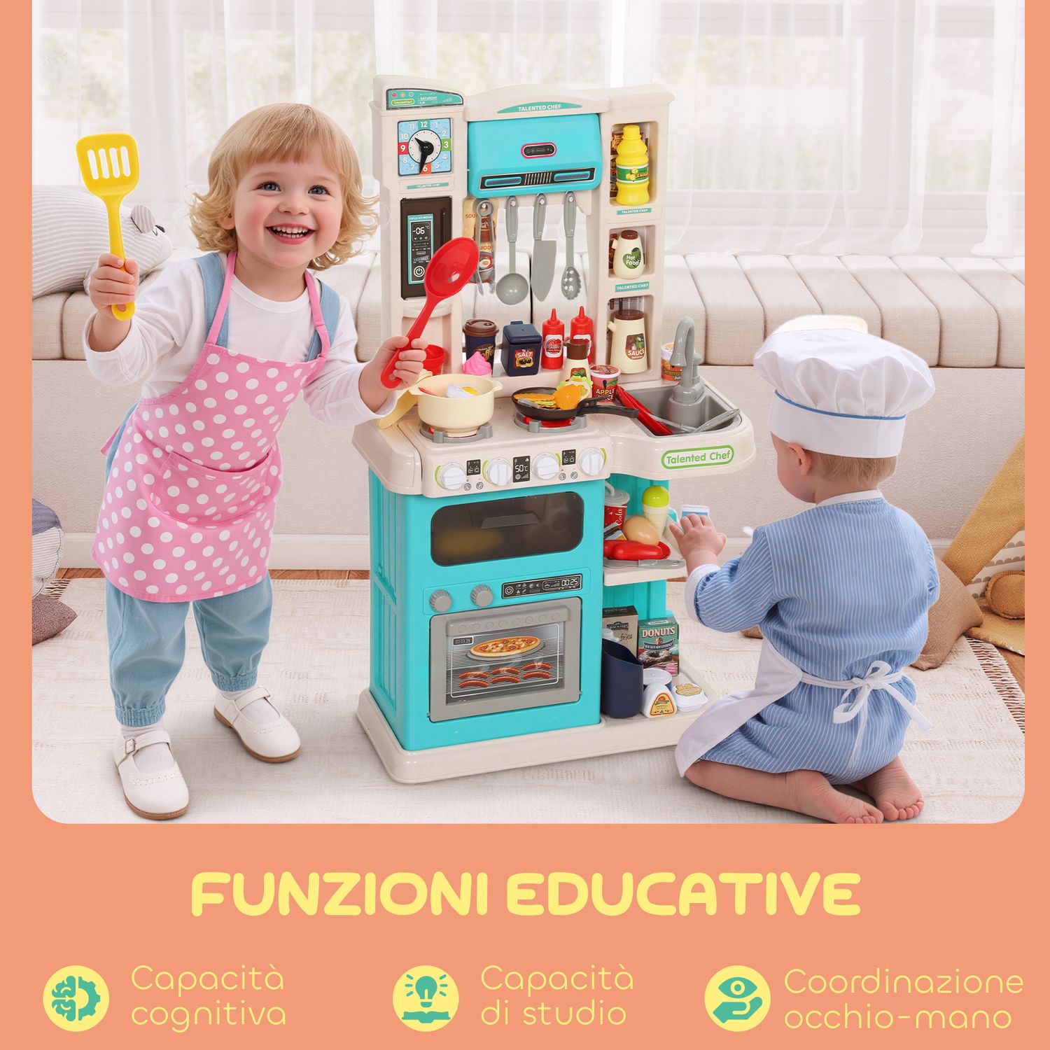 Cucina giocattolo per bambini 3-6 anni con 92 accessori, in pp, pe e abs, 44.5x24x79 cm, verde - 