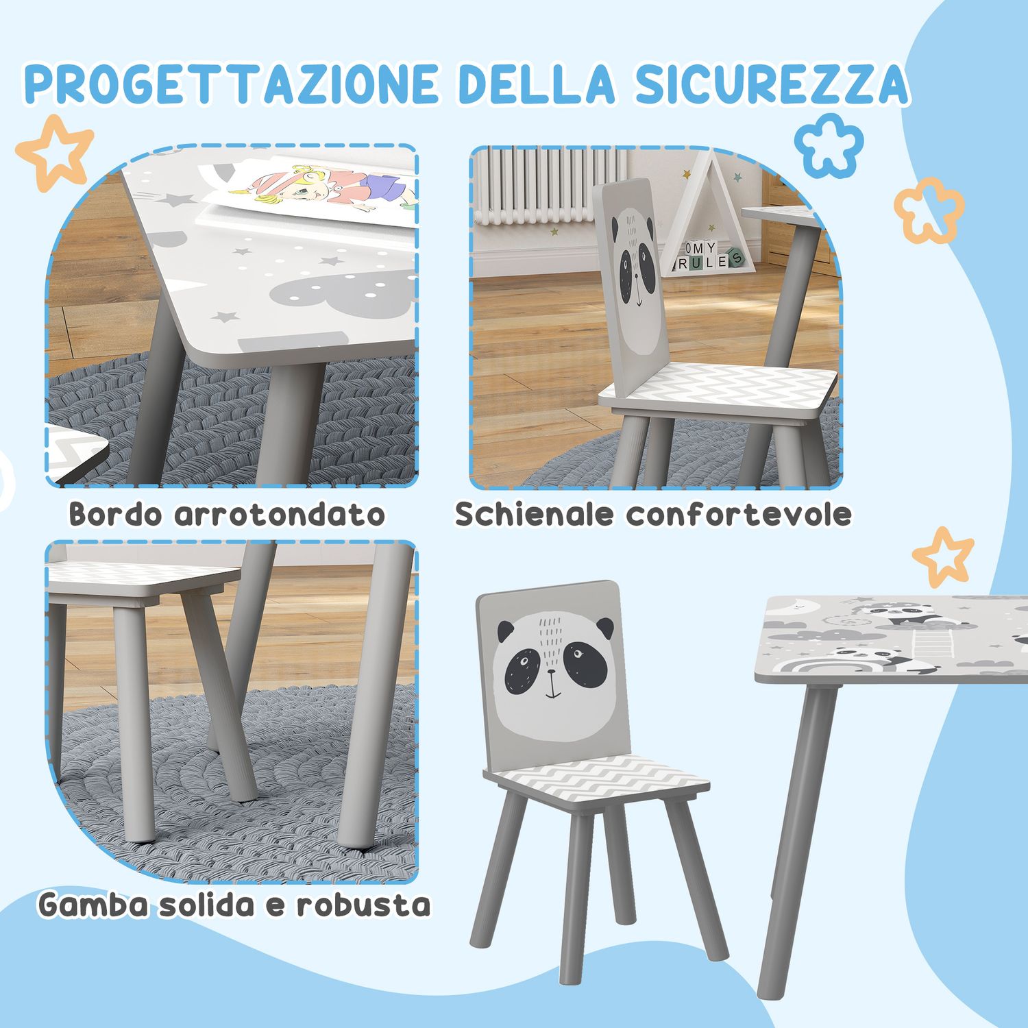 Set tavolino e 2 sedie per bambini 3-8 anni in mdf e legno di pino, grigio - 