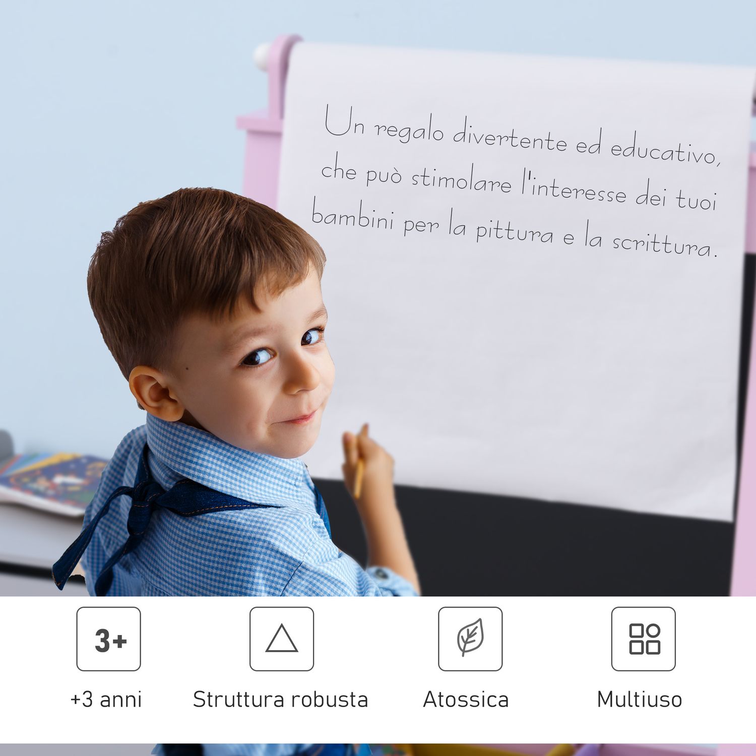 Lavagnetta per bambini in legno rosa con cavalletto 3 in 1: lavagna bianca, nera e con rullo fogli di carta - 