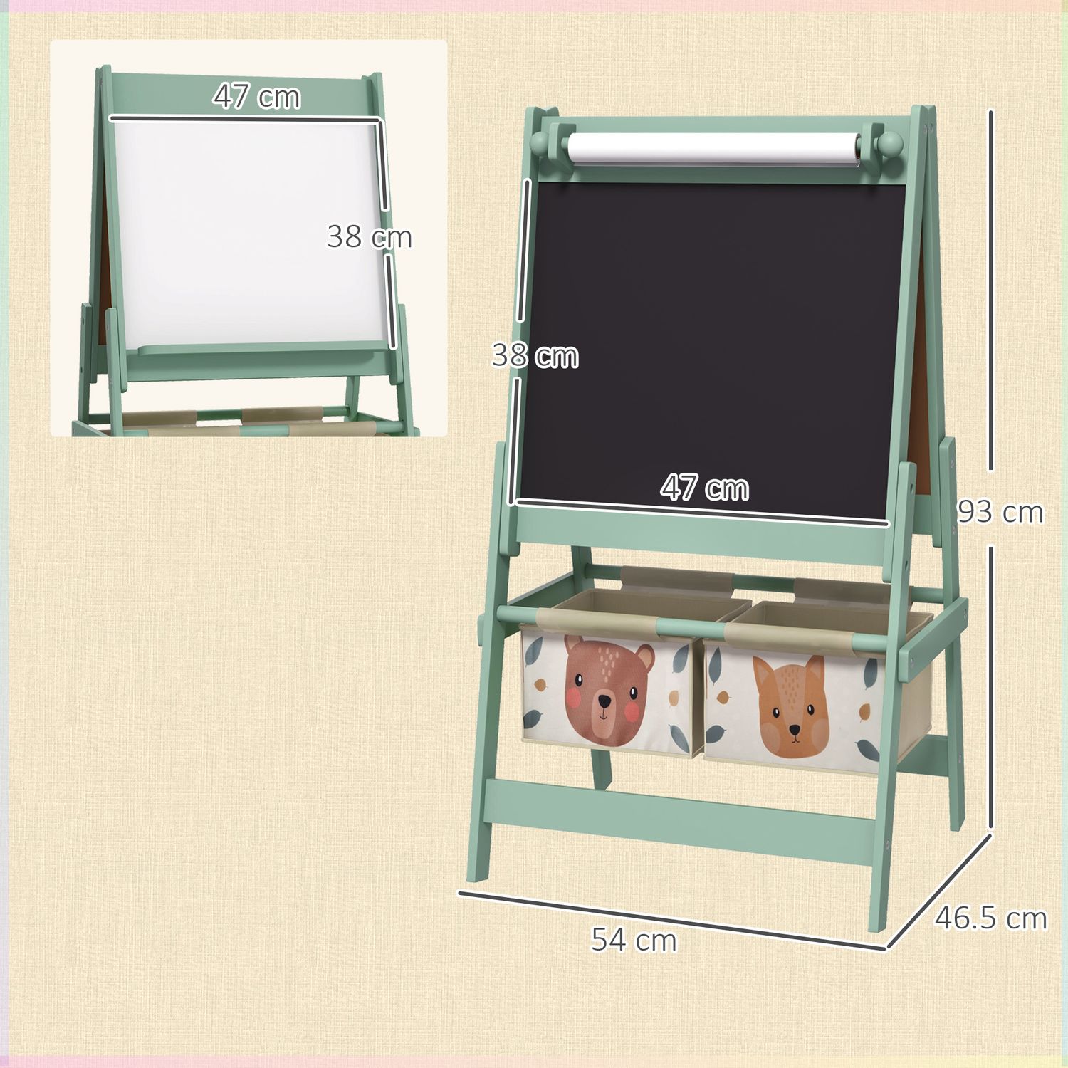 Lavagna per bambini con cavalletto 3 in 1 e 2 contenitori, età 3-8 anni, 54x46.5x93cm, verde - 