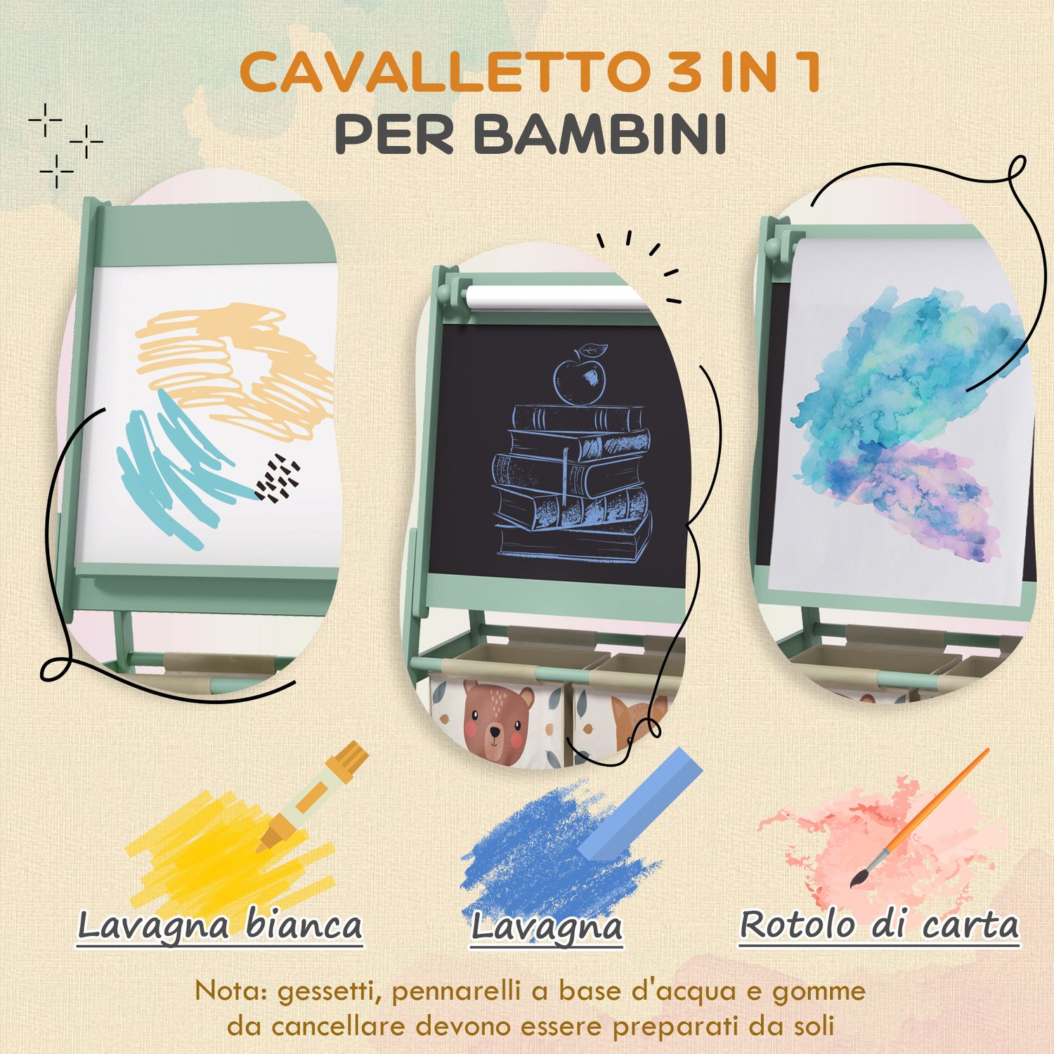 Lavagna per bambini con cavalletto 3 in 1 e 2 contenitori, età 3-8 anni, 54x46.5x93cm, verde - 