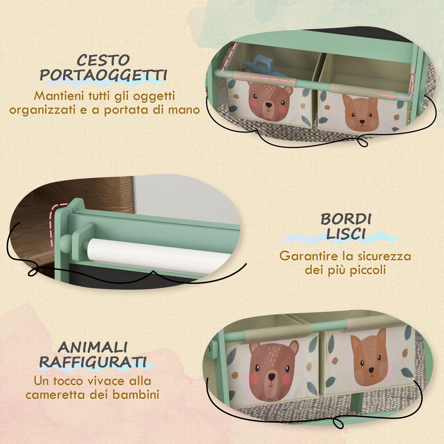 Lavagna per bambini con cavalletto 3 in 1 e 2 contenitori, età 3-8 anni, 54x46.5x93cm, verde - 