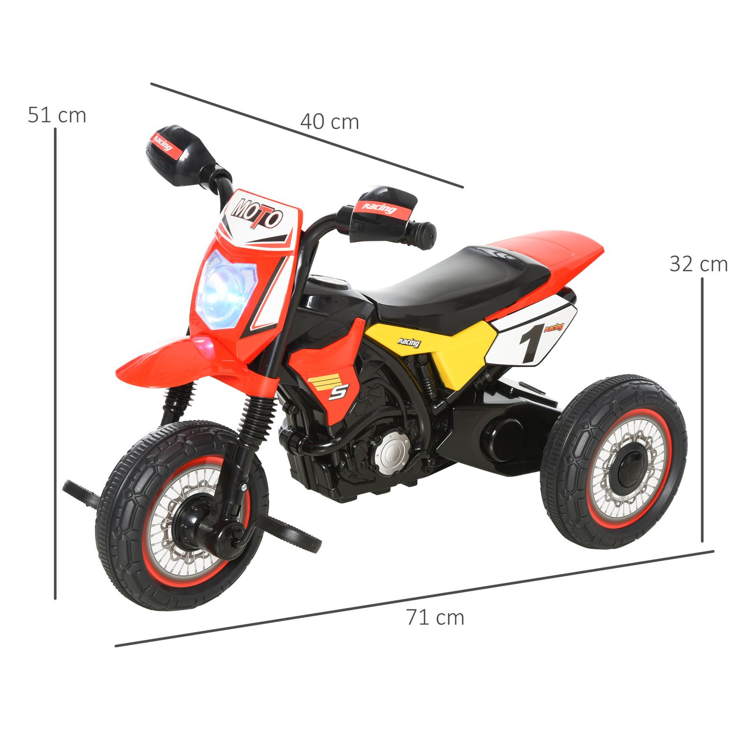 Triciclo per bambini stile moto a pedali con luci e suoni, 3 ruote larghe, età 18-36 mesi, 71x40x51cm, rosso - 