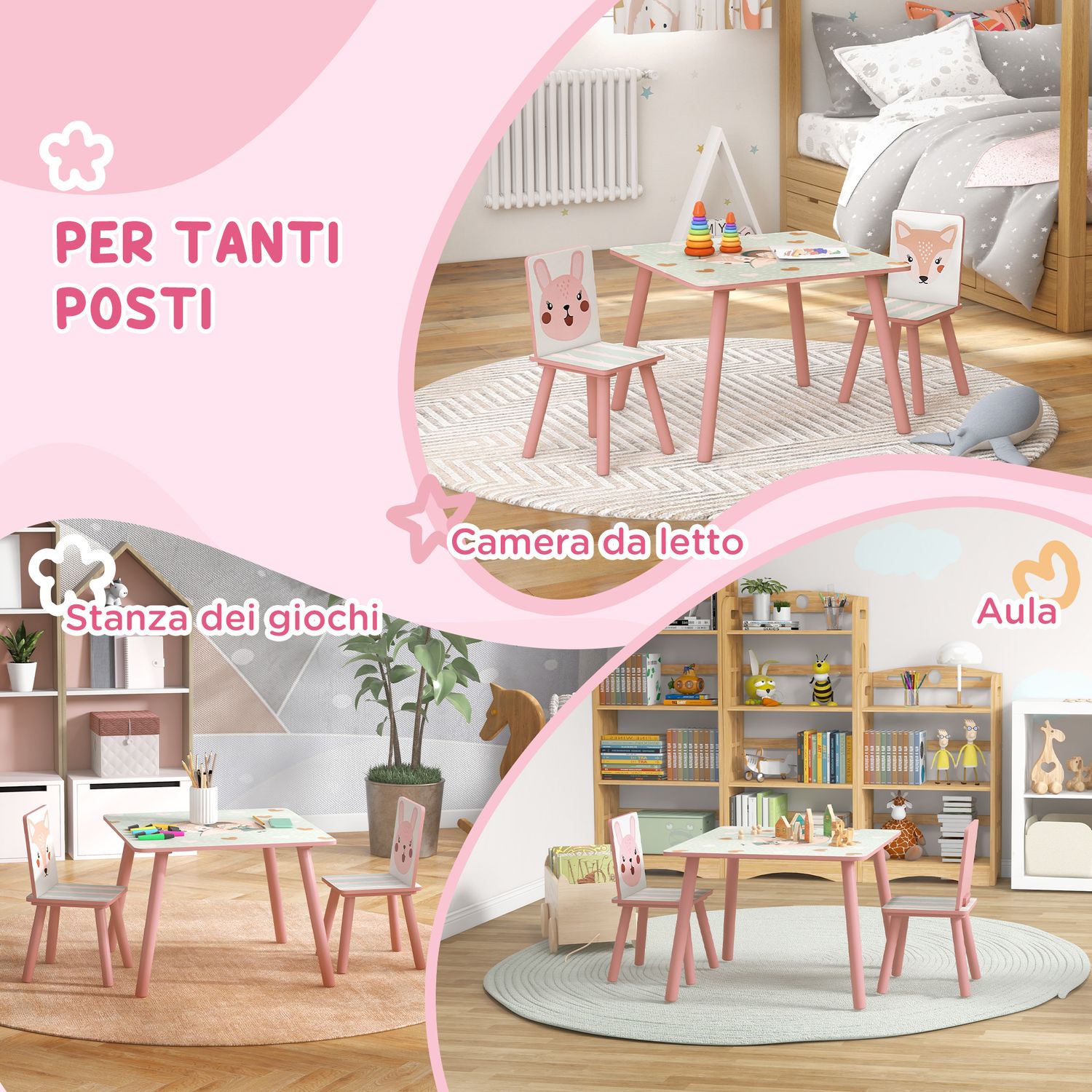 Set tavolo e sedie 3 pezzi per bambini 3-8 anni in mdf e legno di pino con disegni di animali, rosa - 