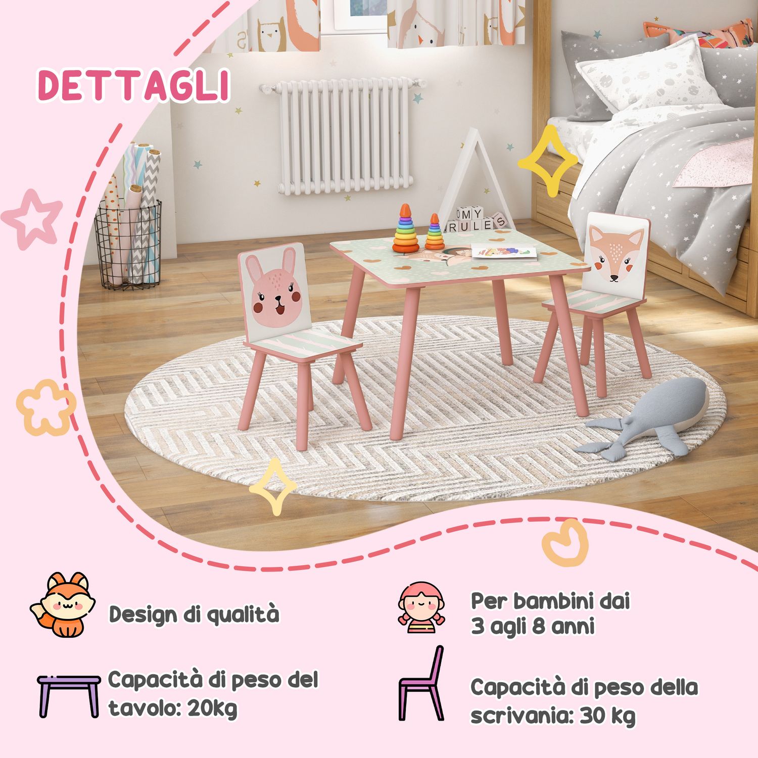 Set tavolo e sedie 3 pezzi per bambini 3-8 anni in mdf e legno di pino con disegni di animali, rosa - 
