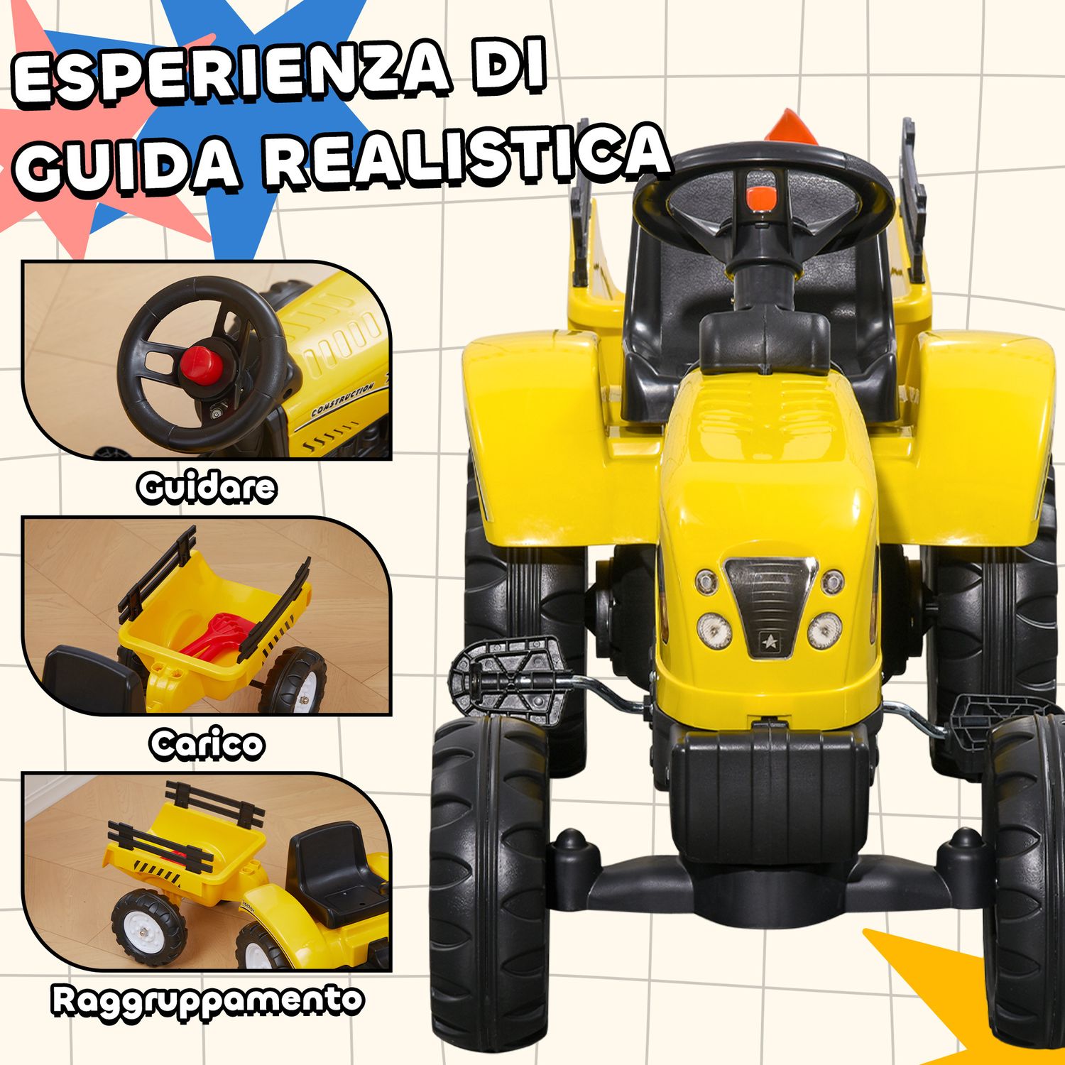 Trattore a pedali per bambini da 3+ anni con rimorchio, rastrello, pala e clacson, giallo - 