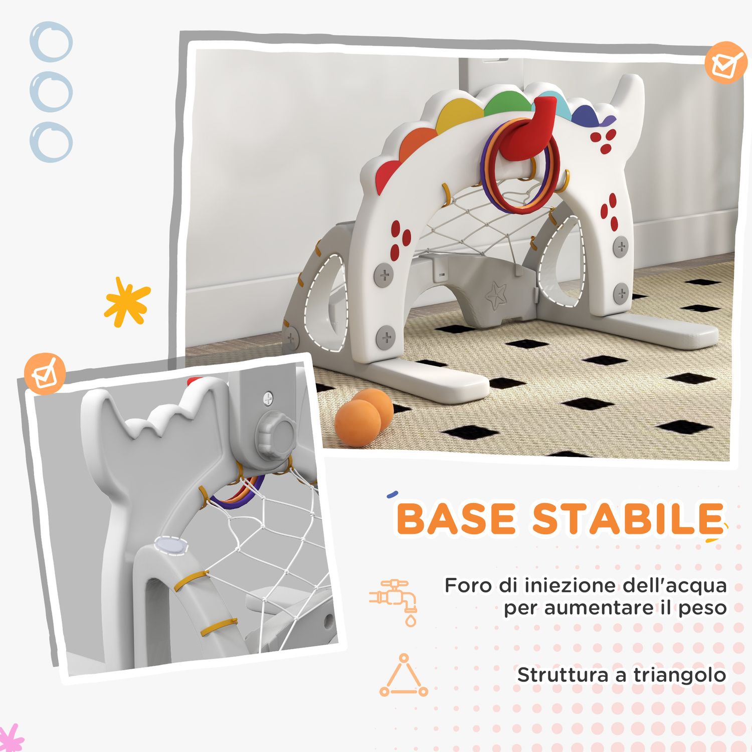 Canestro basket per bambini 5 in 1 con altezza regolabile, porta da calcio e golf, età 3-6 anni - 